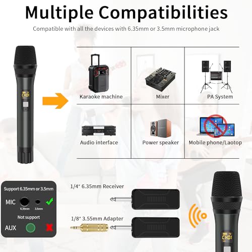 Wireless Microphones, Metal UHF Dual Handheld Dynamic Mic System,Microfonos Inalambricos with Rechargeable Receiver,160ft Range(Red&Grey)