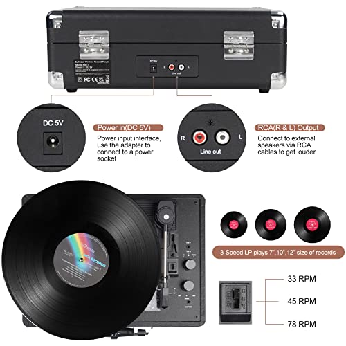Vinyl Bluetooth Record Player, 3-Speed ,Suitcase with Speakers, RCA Out/AUX IN(black)