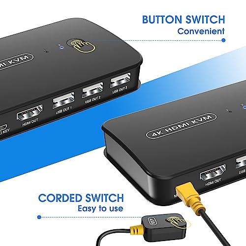 4K KVM Switch HDMI 2 Port Box, USB and HDMI Switch for 2 Computers Share Keyboard Mouse Printer and one HD Monitor, Support UHD 4K@30Hz, with Remote Controller and 2 KVM Cables