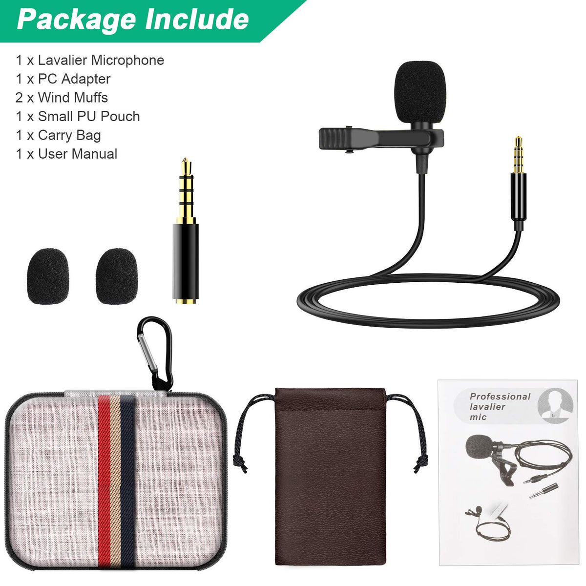 Professional Lavalier Lapel Microphone Omnidirectional Condenser Mic for iPhone ,Recording Mic for Video Tiktok