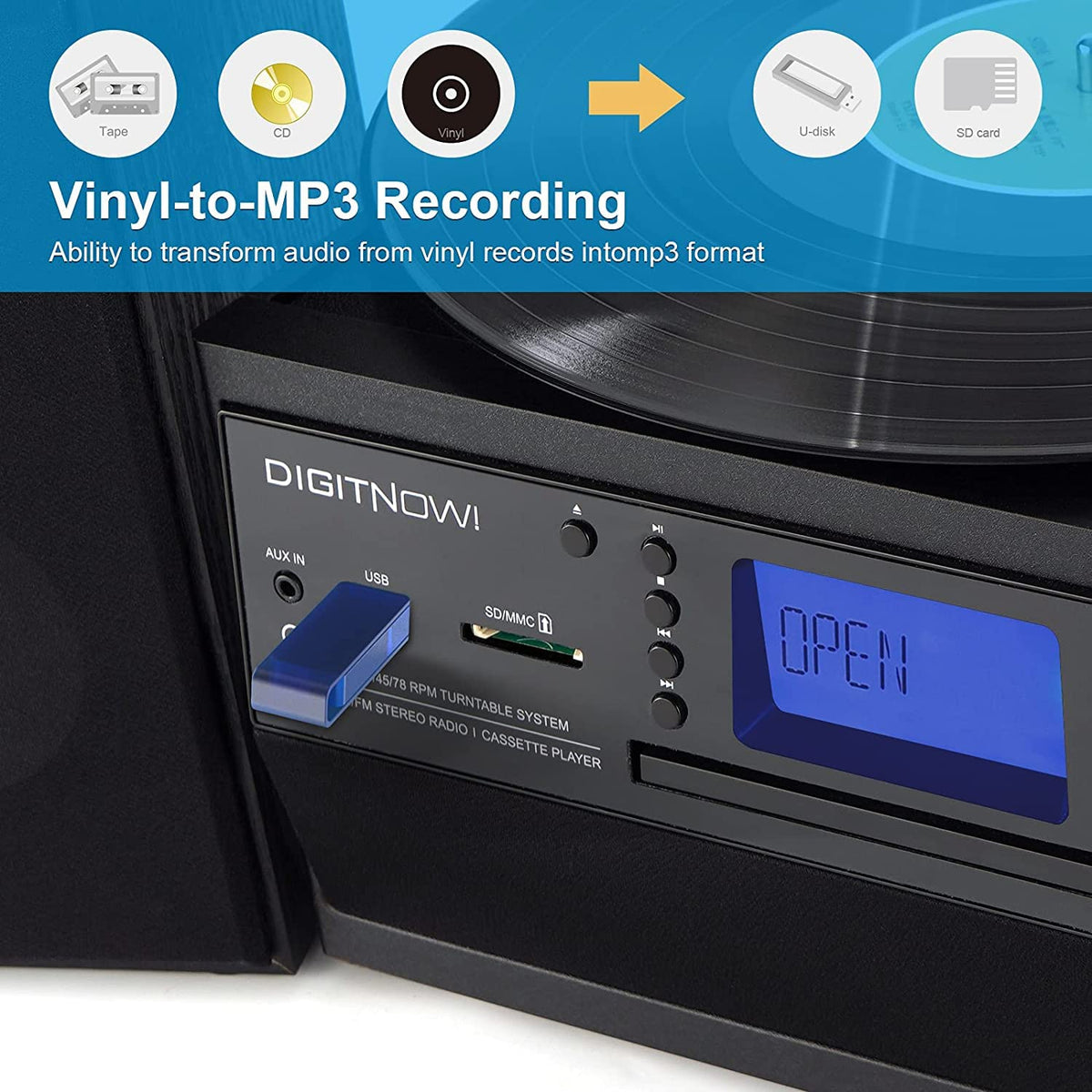 Multi-functional BT Turntable Player with two Speakers,Support CD, Cassette, Radio,Remote Control
