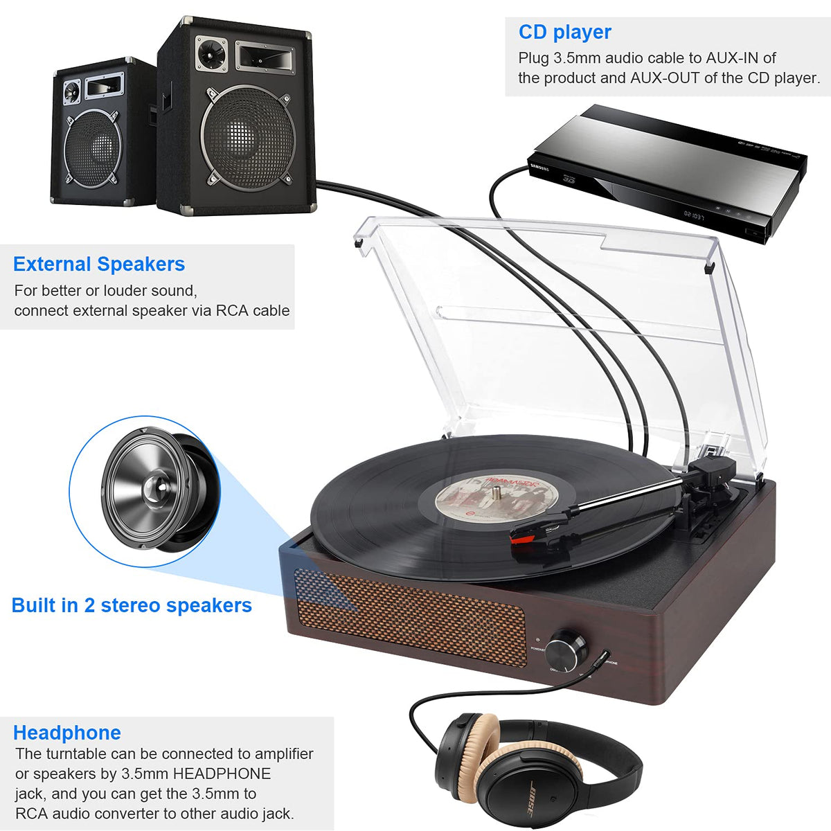 Digitnow Bluetooth Record Player – Vinyl Player with Speakers