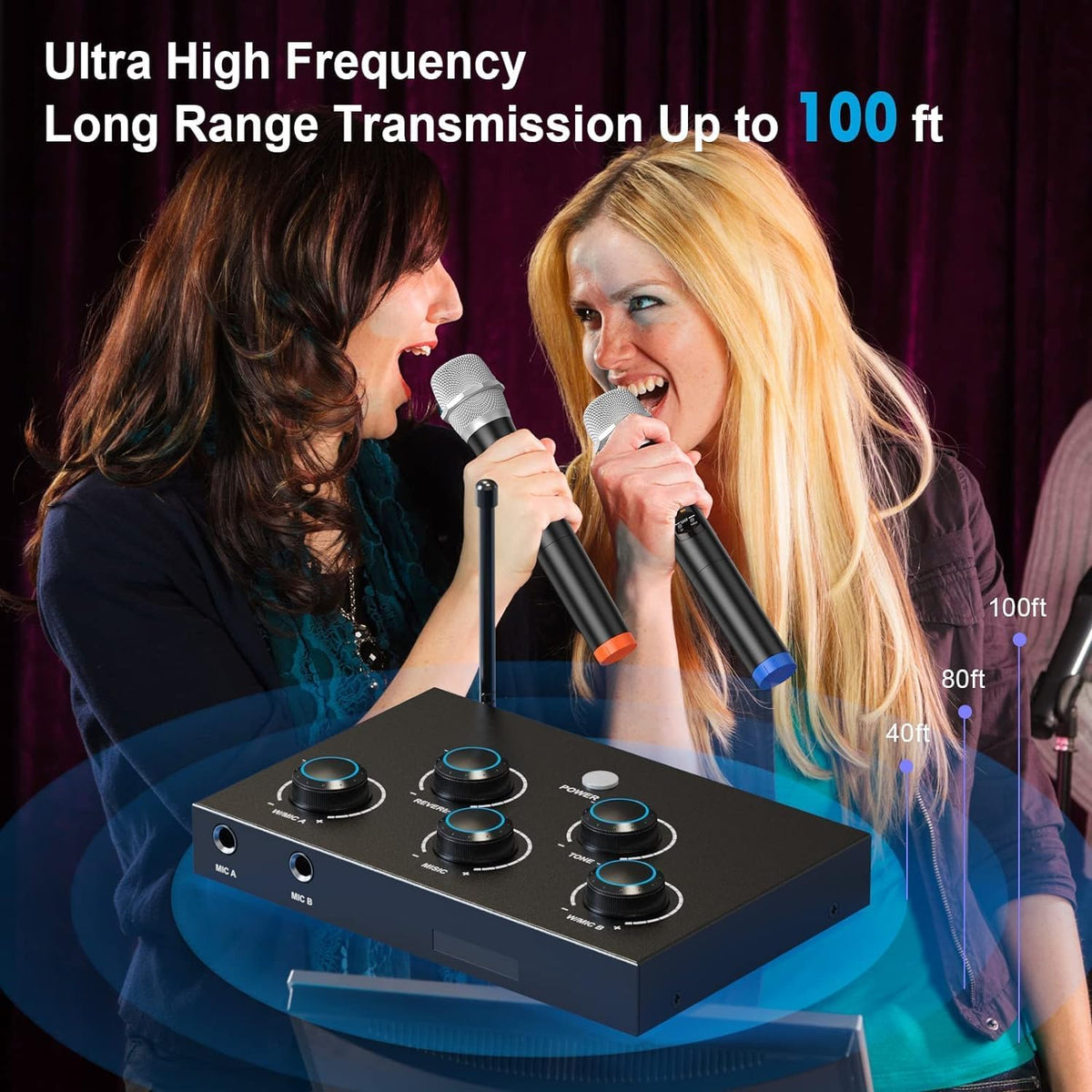 Portable Karaoke Microphone Mixer System Set, with Dual UHF Wireless Mic, HDMI-ARC/Optical/AUX & HDMI In/Out in Singing Receiver for Smart TV, PC, KTV, Home Theater, Amplifier, Speaker