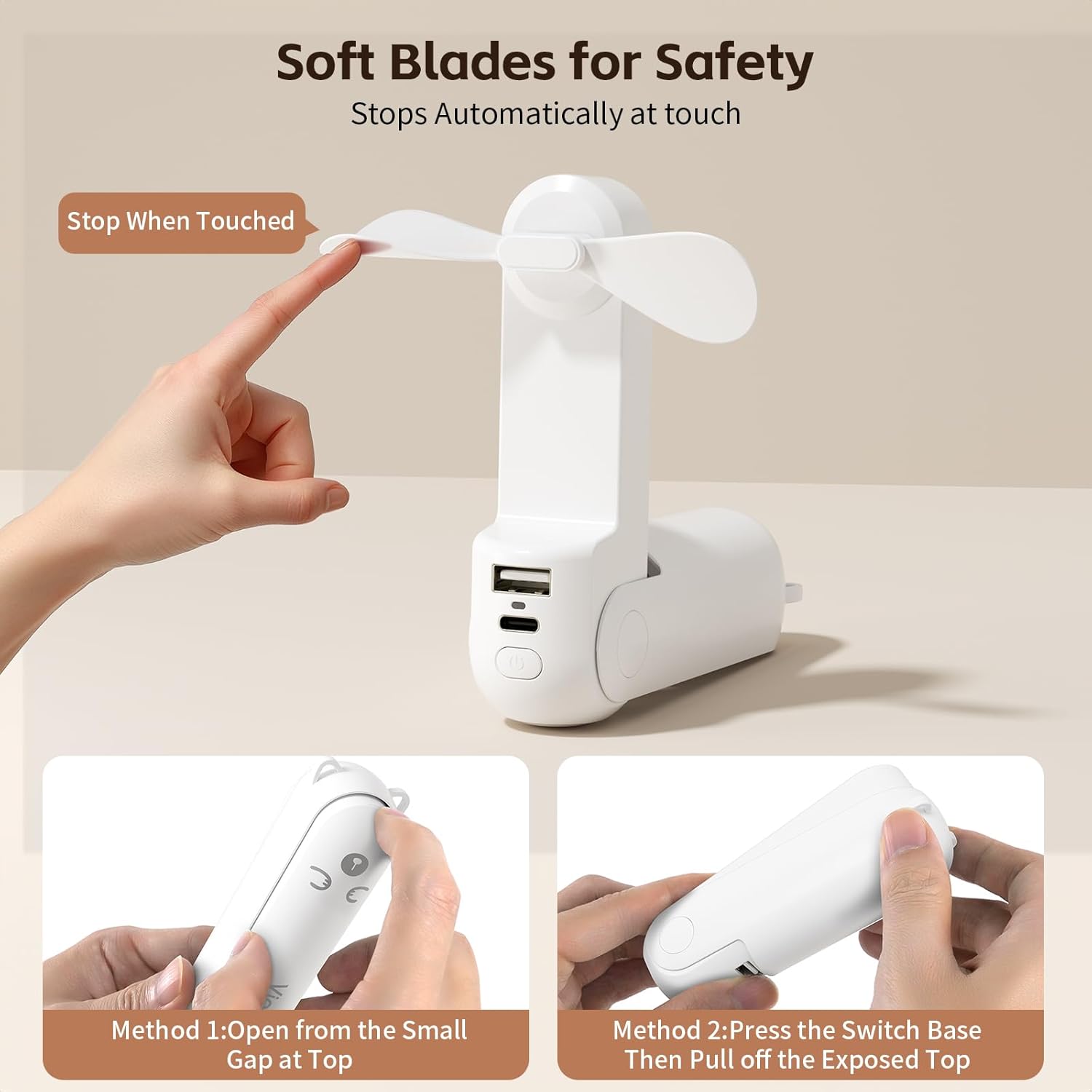 VigorLife Mini Portable Handheld Fan,USB Rechargeable 3 IN 1 Personal Cooling Fans,Small Foldable Pocket Fan with LED Flashlight for Travel & Emergency Essentials,Outdoor White
