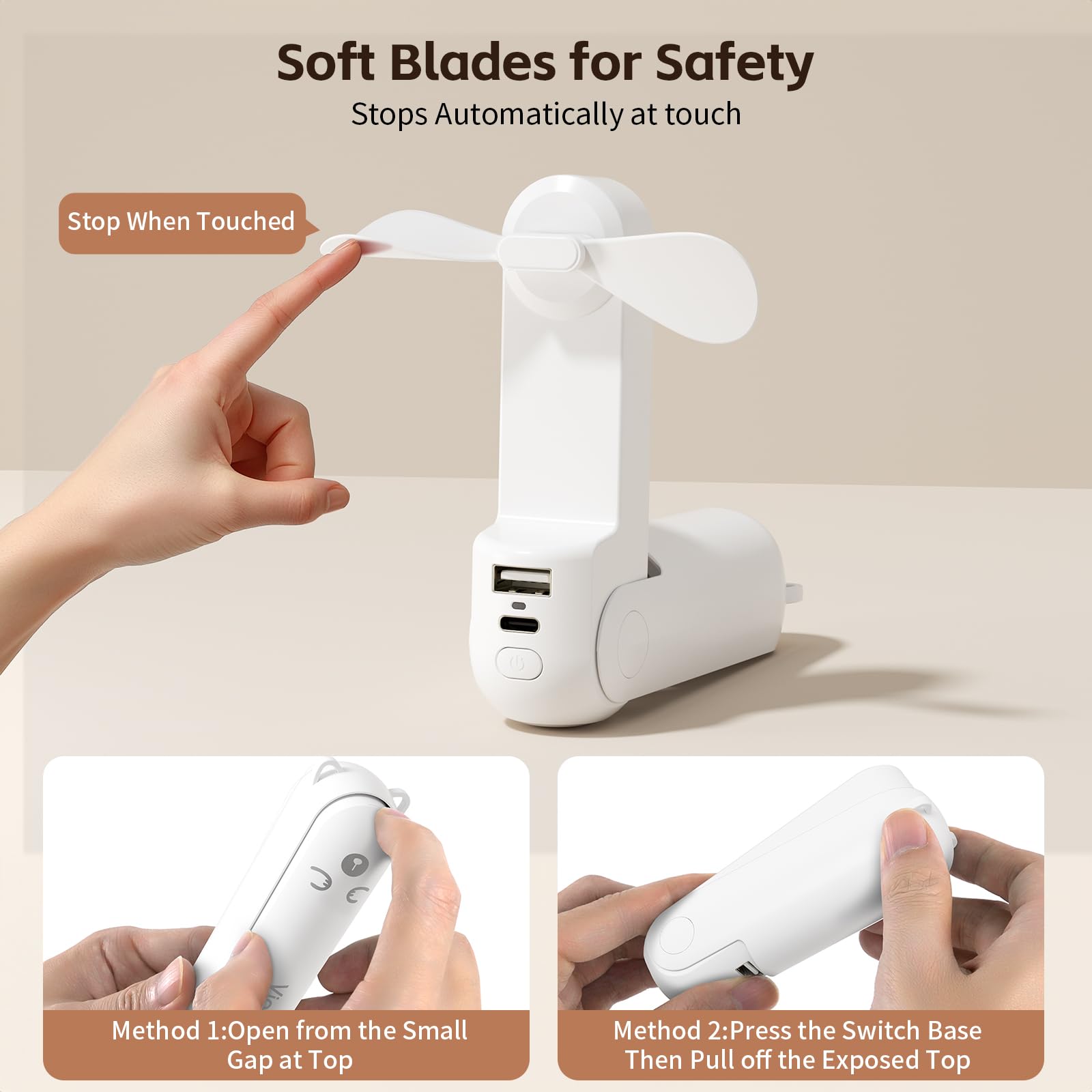 Morelax Portable Fan, Mini Handheld Fan with Power Bank, Cute USB Rechargeable Pocket Fan, Foldable Small Cooling Fan with LED Light, Personal Travel Fan,Summer,Beach Essentials,Summer Gift for Women