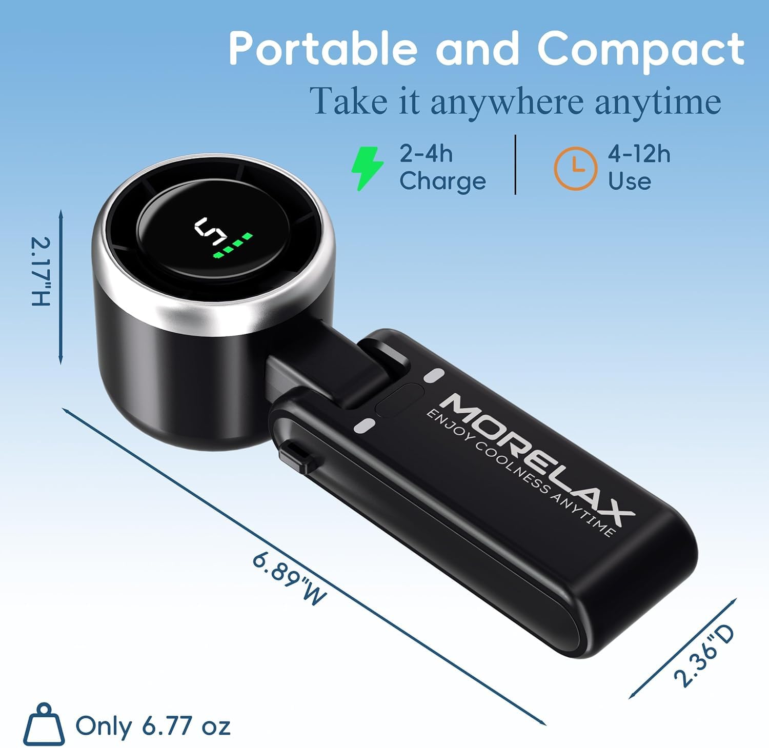 Morelax Personal Handheld Fan,High-Speed Turbo Fans,5-Speed with LED Display,Powerful Motor,4000mAh,USB Rechargeable Portable Cooling Fan for Outdoor Activities,Travel,Working,Black