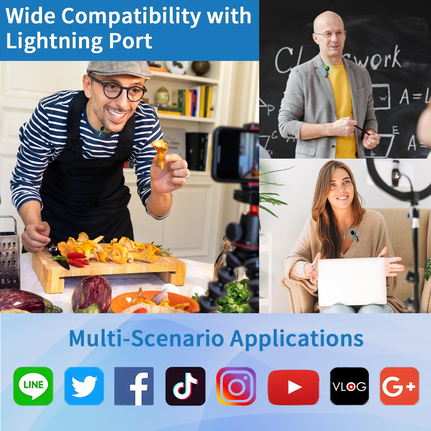 Professional Wireless Microphone for iPhone, iPad, Cordless Lavalier Lapel Omnidirectional Condenser Recording Mic for Video Recording