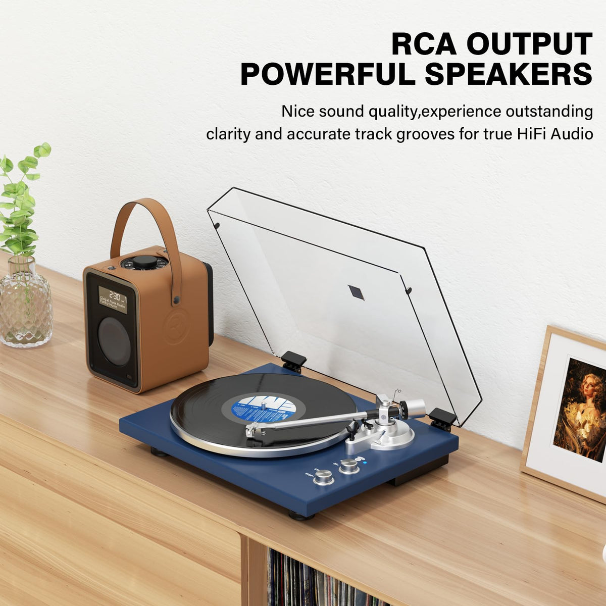 Belt Drive Turntable for Vinyl Record Player, Bluetooth Output, Built-in Phono Preamp, USB Digital Output, Magnetic Cartridge, 33/45 RPM, Wood Design, No Built-in Speakers(Blue)
