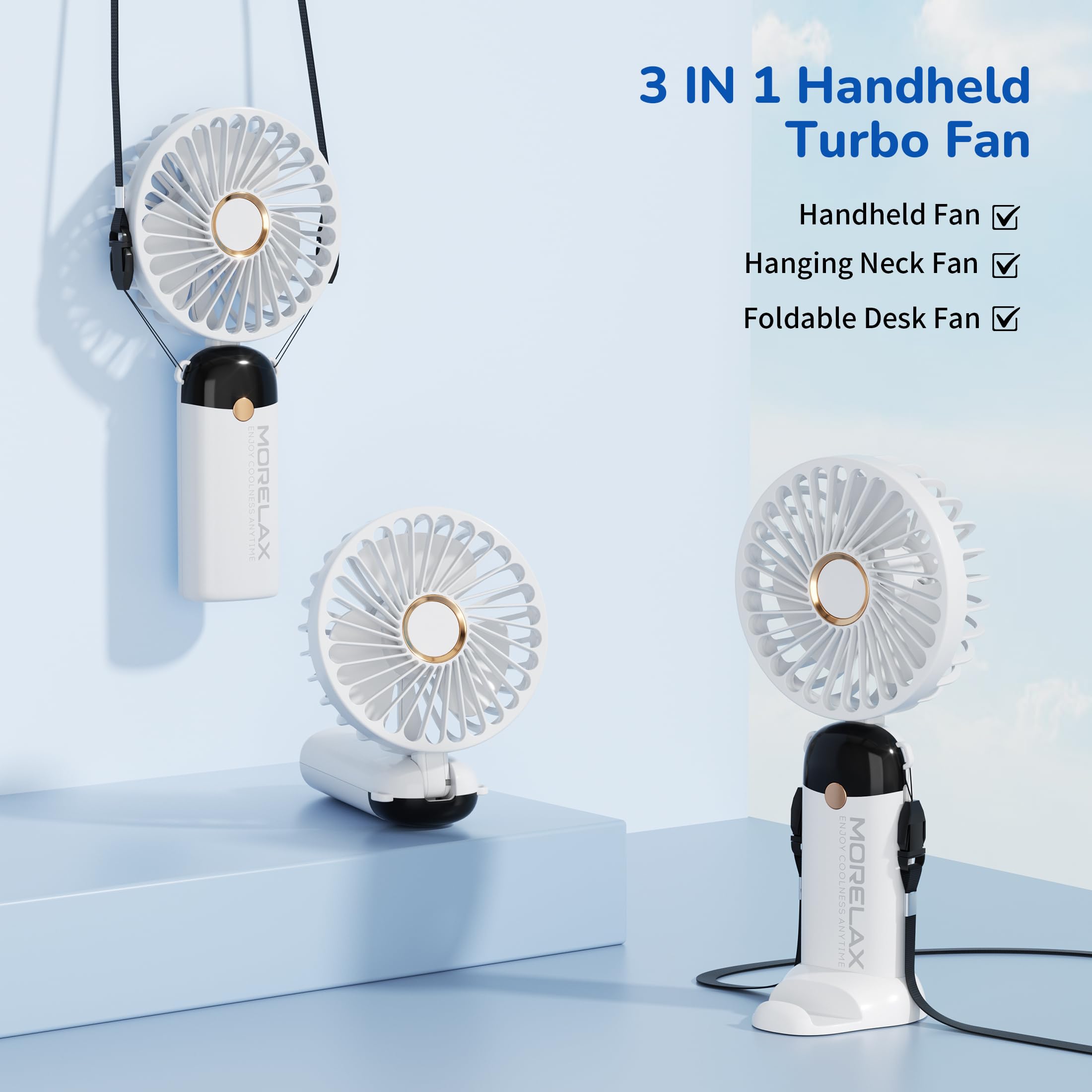 Morelax Handheld Mini Fan,USB Rechargeable Fodable Personal Fans 4000mAh,90 Adjustable, 6 Speed Strong Wind,Portable Fan Pocket Design 5 IN 1Cooling Table Fan for Office School Outdoor Travel,White