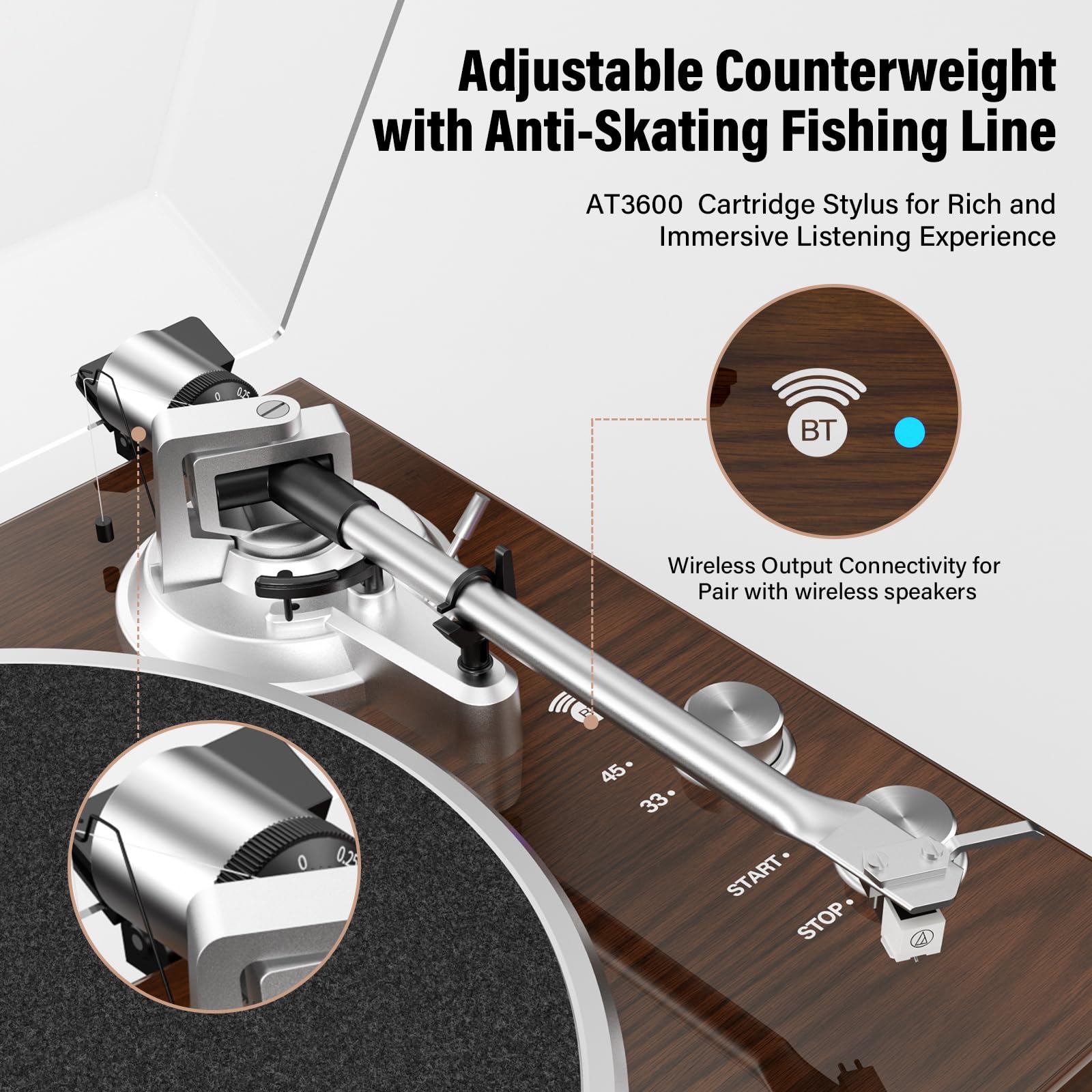 Belt Drive Turntable for Vinyl Record Player,Connect with Bluetooth Speakers or Active Speaker,Built-in Phono Pre-amp,USB Digital Output, Magnetic Cartridge,High-Gloss Wood Design(Brown)