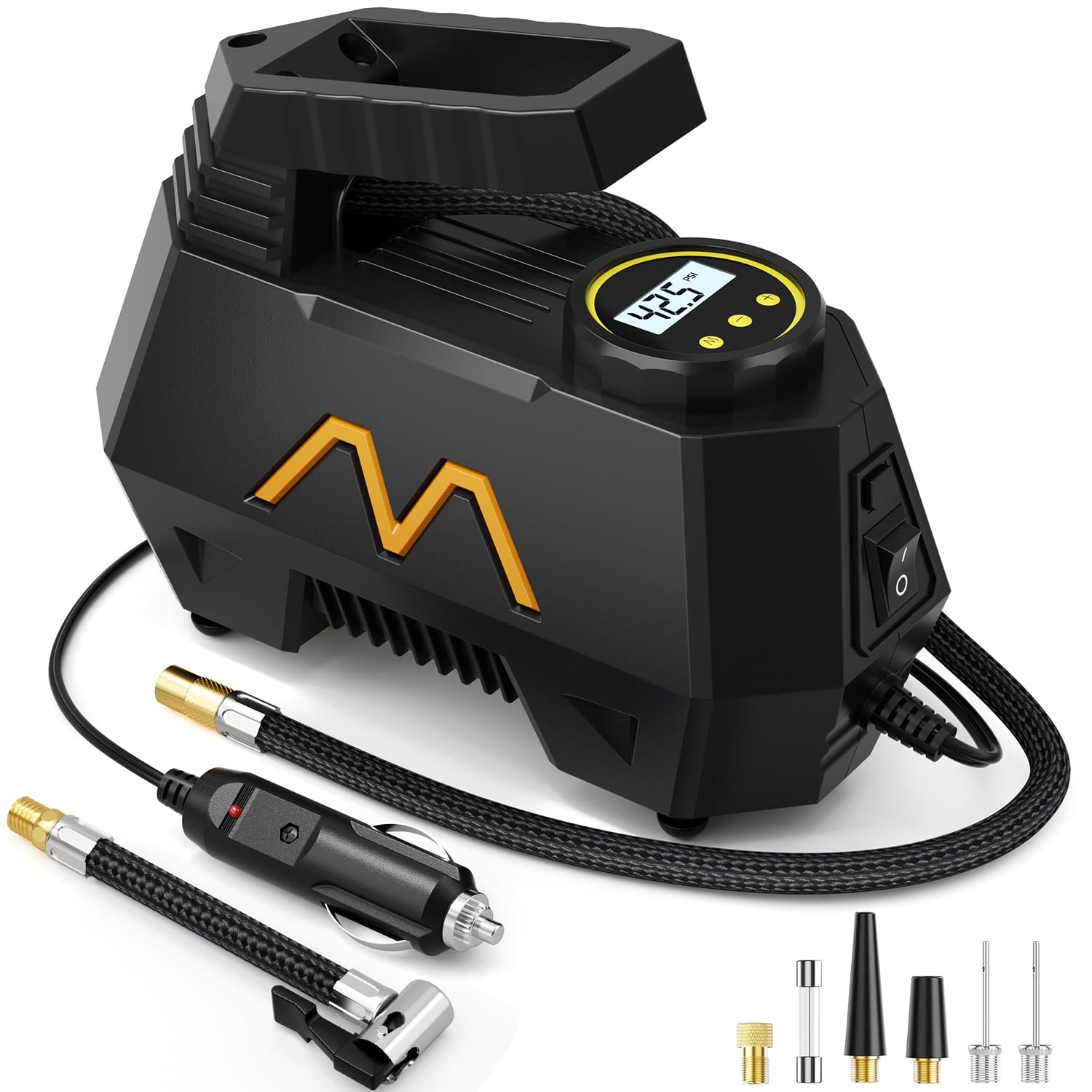 Tire Inflator Portable Air Compressor, Air Pump for Car Tires-9.84 Ft Cord,12V DC-Powered Auto Pump with Digital Pressure Gauge,Emergency LED Light, Car Accessories for Motorcycle Bicycle Ball Balloon-Yellow
