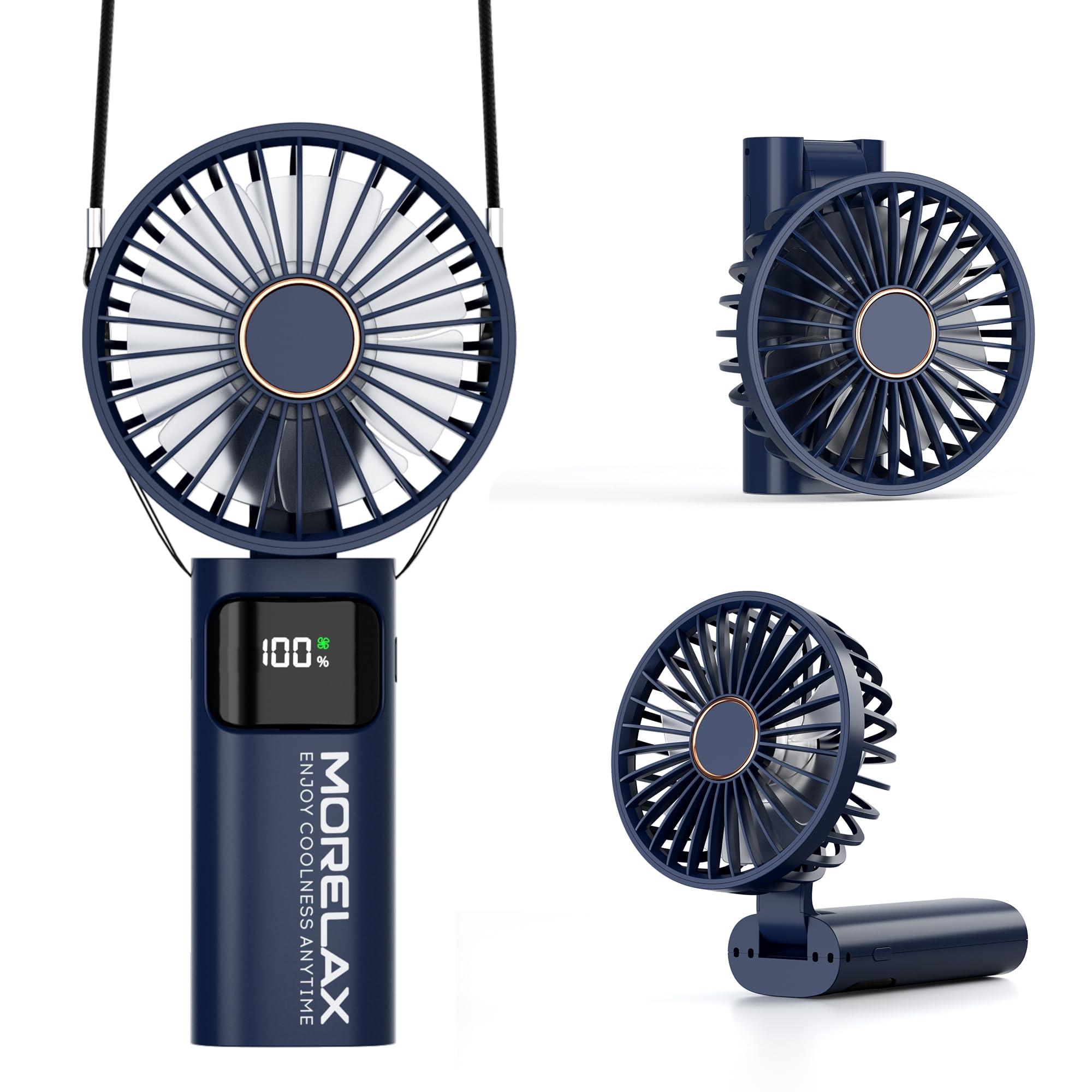 Portable Handheld Fan, USB Rechargeable Foldable Mini Personal Fan, 5200mAh, 180 Adjustable, 6 Speed Wind, 3 IN 1 Hand Cooling Desk Fan with LED Display for Home Office School Outdoor Travel, Blue