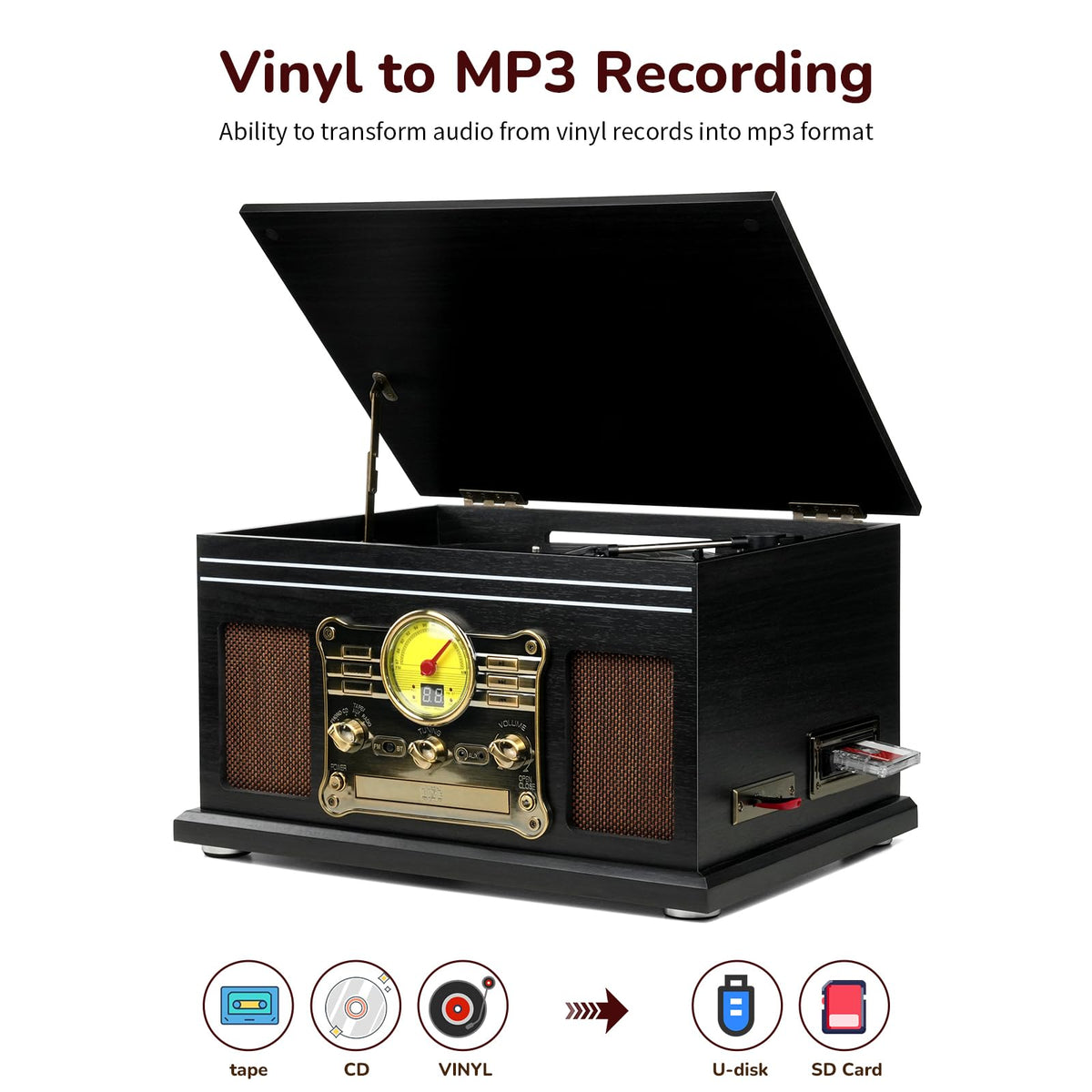 FEKTIK Bluetooth Record Player 10 in 1,FEKTIK 3-Speed Turntable for Vinyl with Speakers, LP to MP3 Converter, CD, Cassette Player, FM Radio, Wireless Streaming | Black
