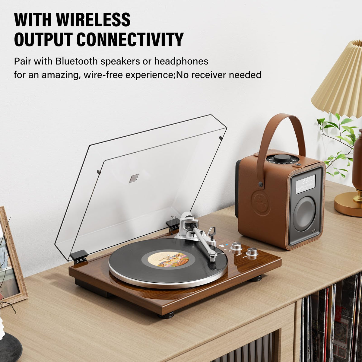 Belt Drive Turntable for Vinyl Record Player,Connect with Bluetooth Speakers or Active Speaker,Built-in Phono Pre-amp,USB Digital Output, Magnetic Cartridge,High-Gloss Wood Design(Brown)