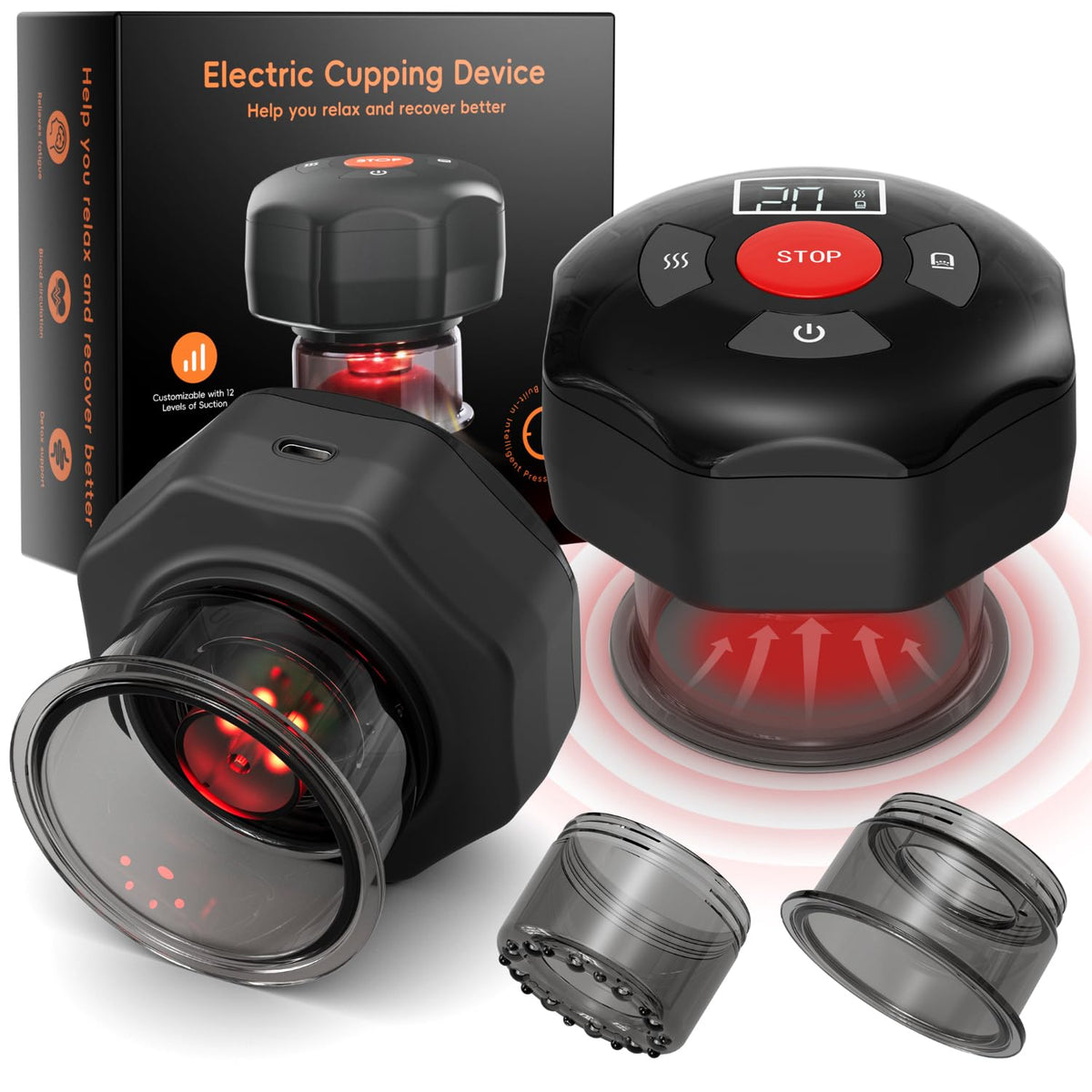 cotsoco Original 5-in-1 Cupping Kit for Massage Therapy, 20 Suction Levels & 12 Heat Settings for Muscle Relaxation and Tension, with Red Light & Heat Function, Gifts for Women, Men - 1 Pcs