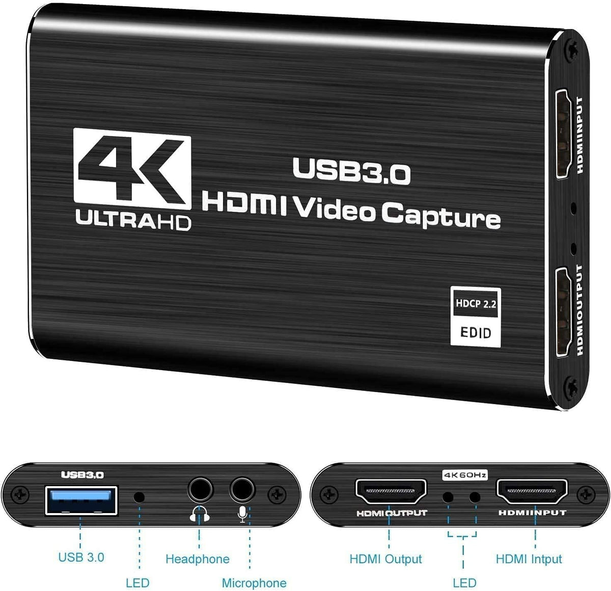 Capture Card, 4K HDMI Video Capture Card, Game Capture Card, 1080P 60FPS Video Capture Device, HDMI to USB 3.0 Capture Card for Streaming, Work with Camera/Xbox/PS4/PS5/PC/OBS