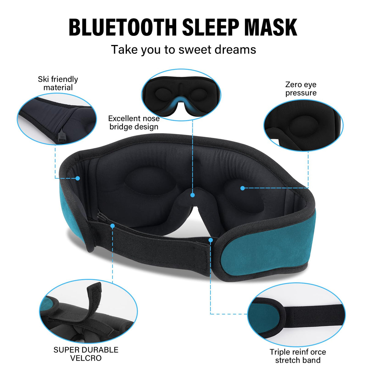 Sleep Mask with Bluetooth Headphones, 3D Sleep Mask Wireless Music Eye Mask for Sleeping Side/Back Sleepers Sleep Headphones Gift (Turquoise)