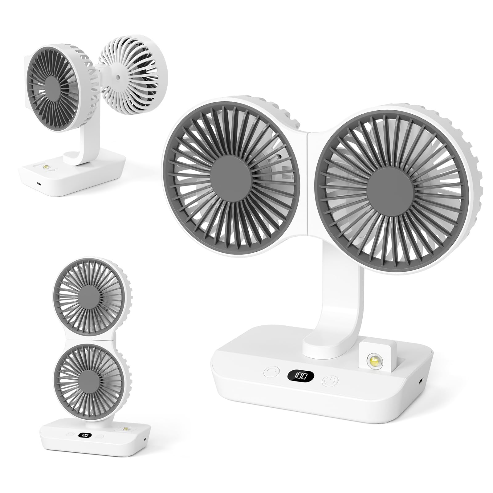 Morelax Dual Head Desk Fan with LED Light, USB Rechargeable Portable Mini Fan, Quiet Desktop & Wall-Mounted Fan, Multi-Angle Rotation, 4 Speeds, for Bedroom, Home, Office, Camping