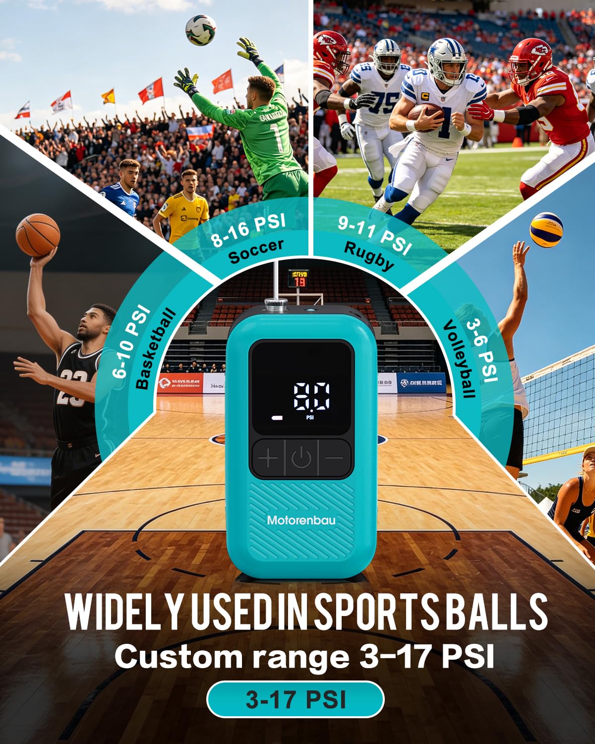 Motorenbau Electric Ball Pump for Sports Balls with LCD Display & LED Light-light blue