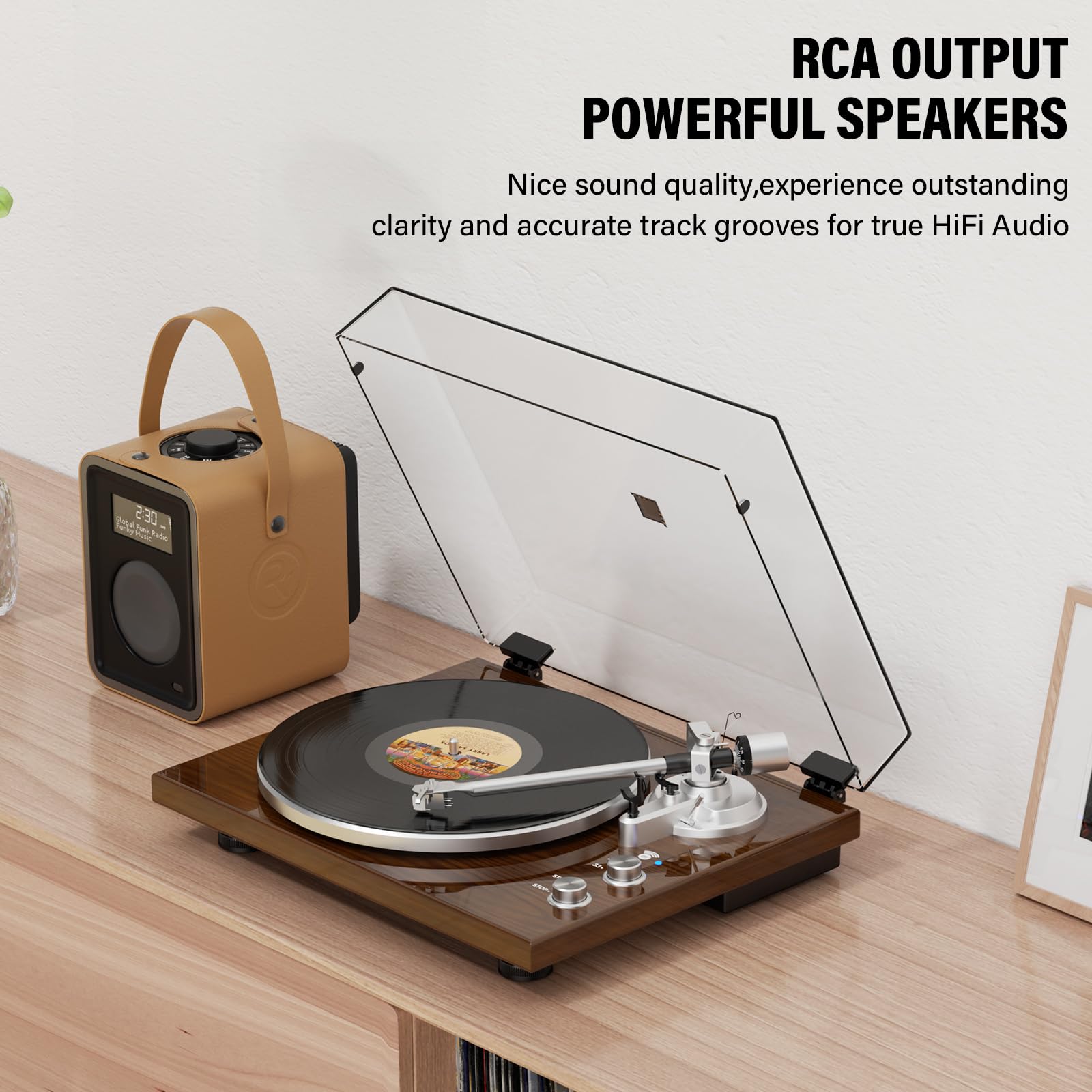 Belt Drive Turntable for Vinyl Record Player,Connect with Bluetooth Speakers or Active Speaker,Built-in Phono Pre-amp,USB Digital Output, Magnetic Cartridge,High-Gloss Wood Design(Brown)