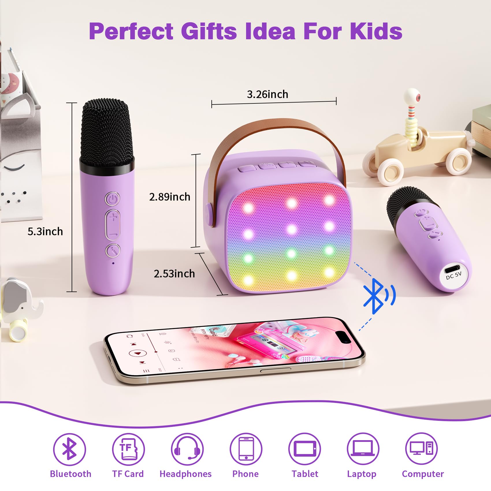 Mini Karaoke Machine with 2 Wireless Microphones, 2026 TOP Kids Portable Bluetooth Karaoke Machine for 3, 4, 5, 6, 7, 8, 9,10,11,12+Year Old, Christmas Birthday Gifts for Girls Boys Adults Home Party-purple