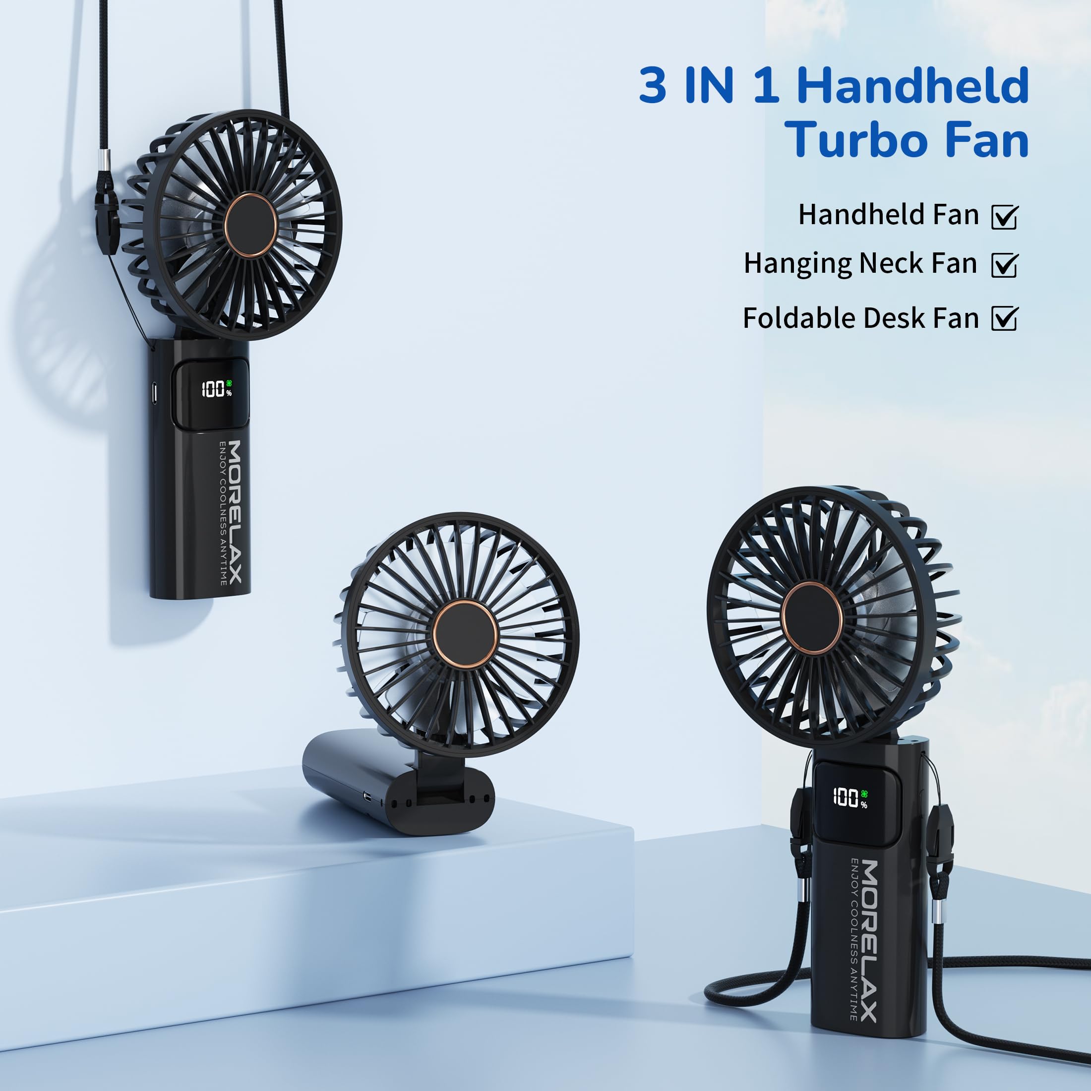 Portable Handheld Fan, USB Rechargeable Foldable Mini Personal Fan, 5200mAh, 180 Adjustable, 6 Speed Wind, 3 IN 1 Hand Cooling Desk Fan with LED Display for Home Office School Outdoor Travel, Black