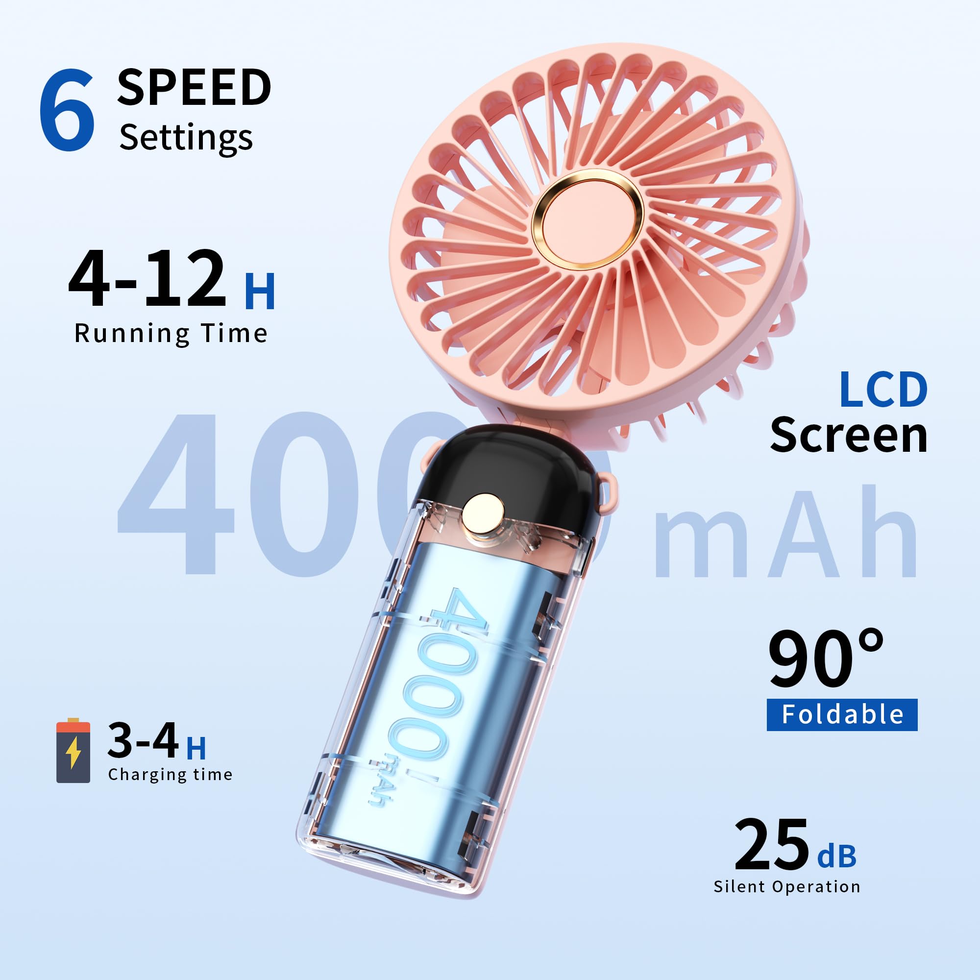 Morelax Handheld Mini Fan,USB Rechargeable Fodable Personal Fans 4000mAh,90 Adjustable, 6 Speed Strong Wind,Portable Fan Pocket Design 5 IN 1Cooling Table Fan for Office School Outdoor Travel,Pink
