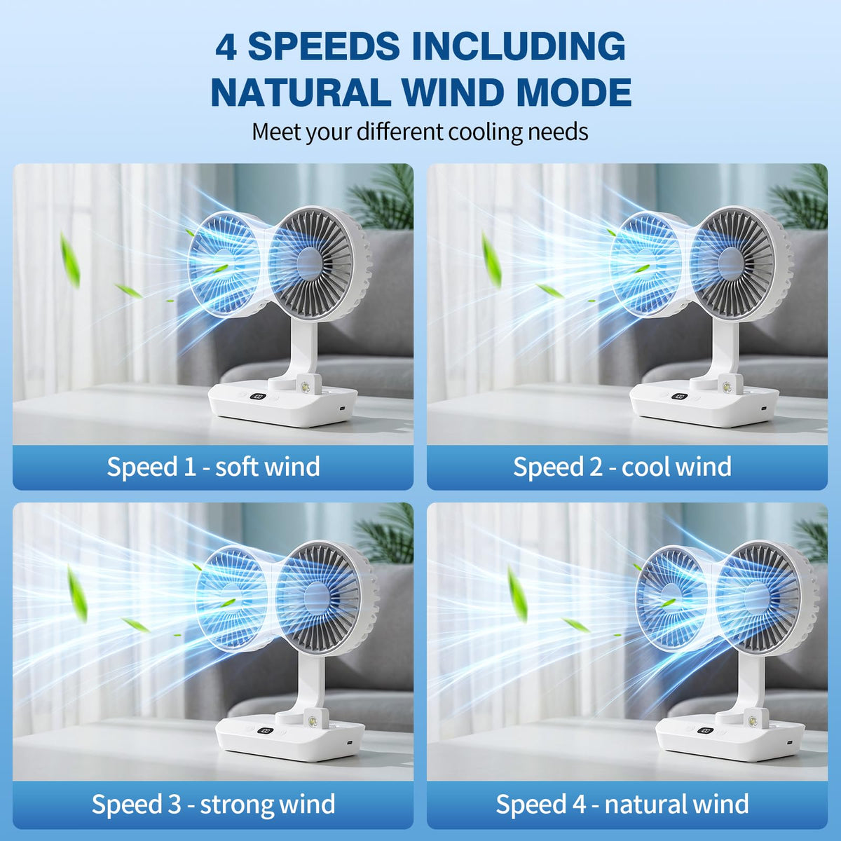 Morelax Dual Head Desk Fan with LED Light, USB Rechargeable Portable Mini Fan, Quiet Desktop & Wall-Mounted Fan, Multi-Angle Rotation, 4 Speeds, for Bedroom, Home, Office, Camping