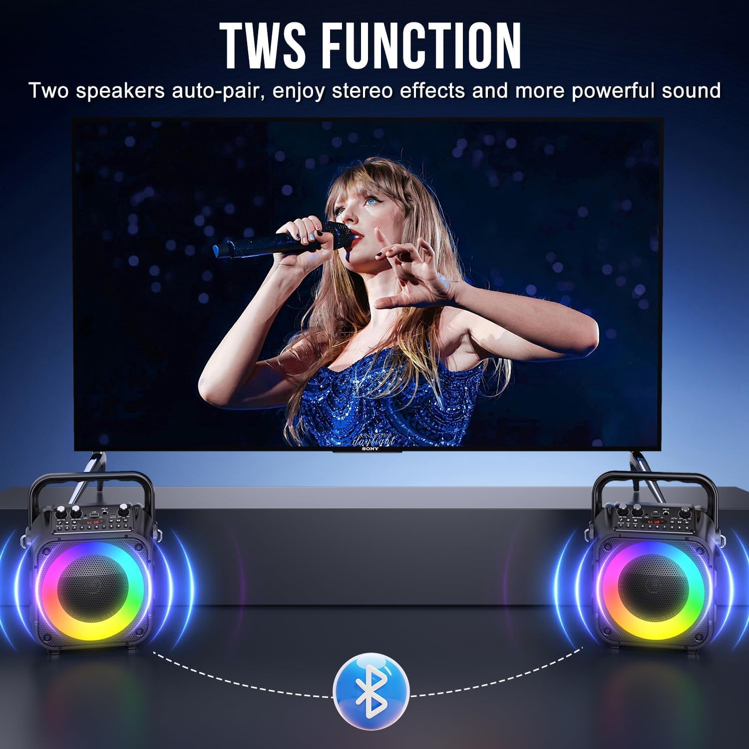 Karaoke Machine, Portable Bluetooth Speaker with 2 Wireless Mics for Adults & Kids with LED Lights, Bass/Treble Adjustment, PA System Supports USB/TF/FM/AUX/TWS for Party Home System Packages
