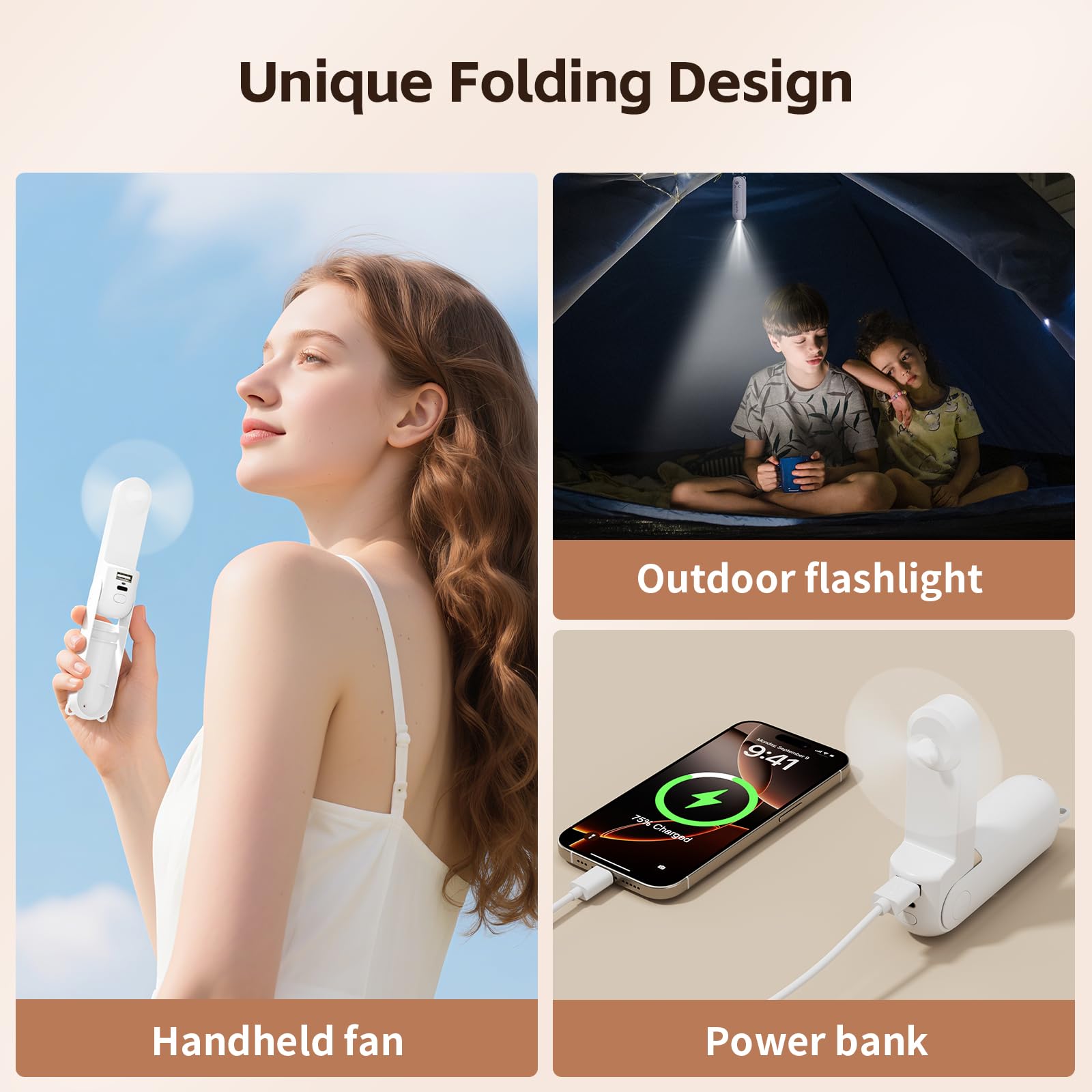 Morelax Portable Fan, Mini Handheld Fan with Power Bank, Cute USB Rechargeable Pocket Fan, Foldable Small Cooling Fan with LED Light, Personal Travel Fan,Summer,Beach Essentials,Summer Gift for Women