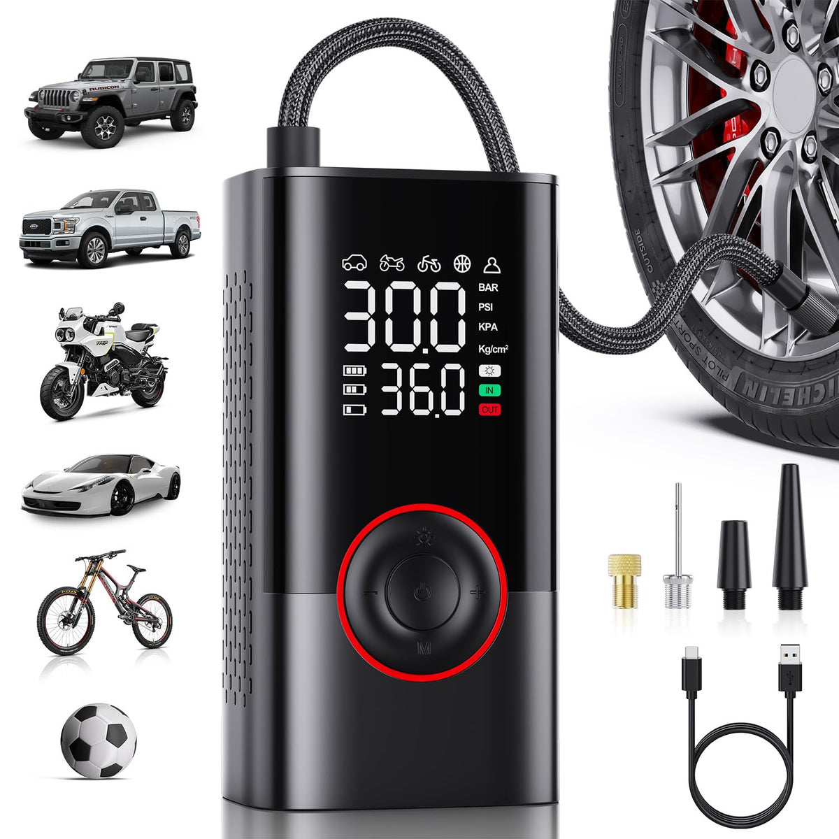 Motorenbau Tire Inflator Portable Air Compressor - Portable Cordless Mini Air Pump with Digital Pressure Gauge, 150PSI 3X Fast Inflation and Auto Shutoff Function Tires Pump for Cars