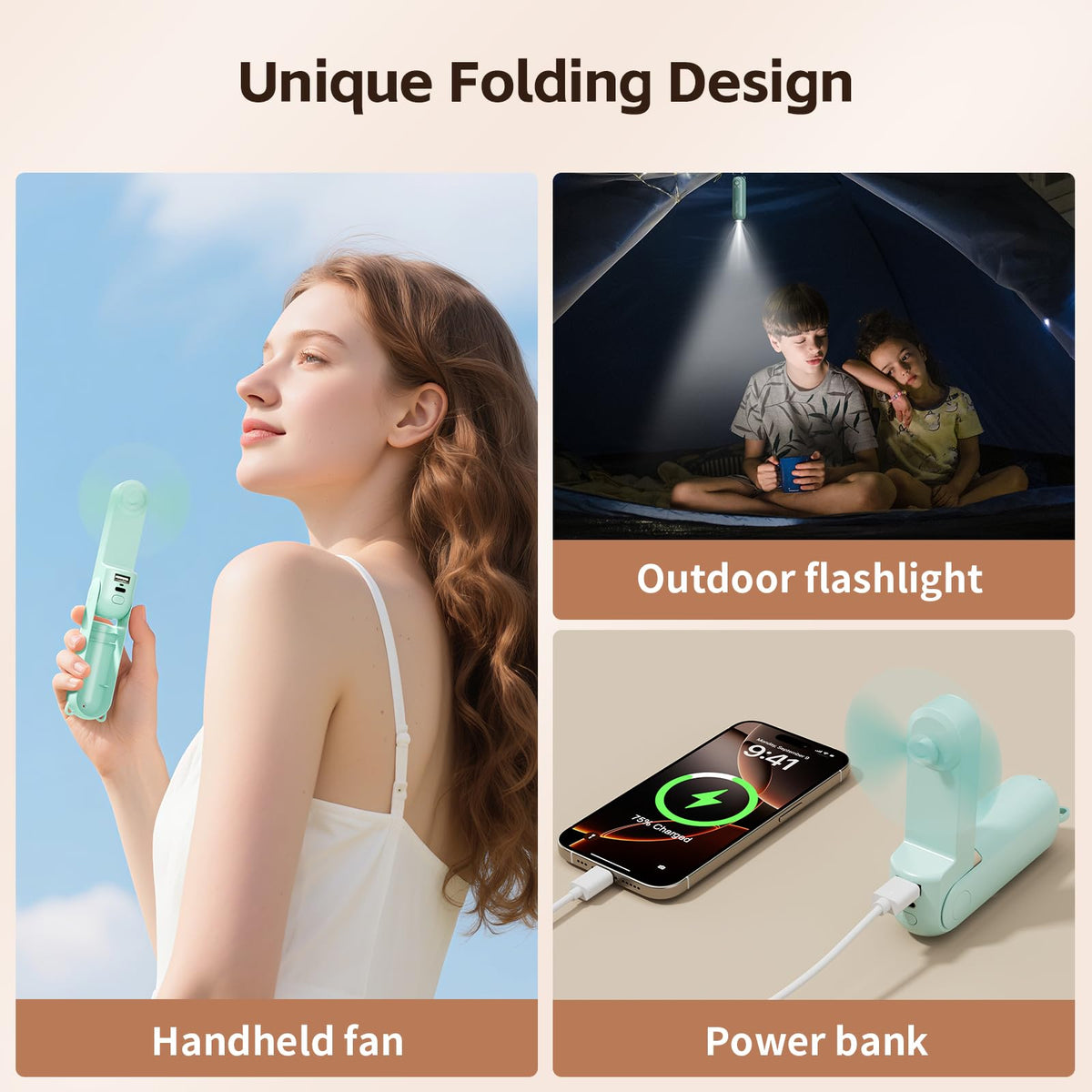 Morelax Portable Fan, Mini Handheld Fan with Power Bank, Cute USB Rechargeable Pocket Fan, Foldable Small Cooling Fan with LED Light, Personal Travel Fan,Summer,Beach Essentials,Summer Gift for Women