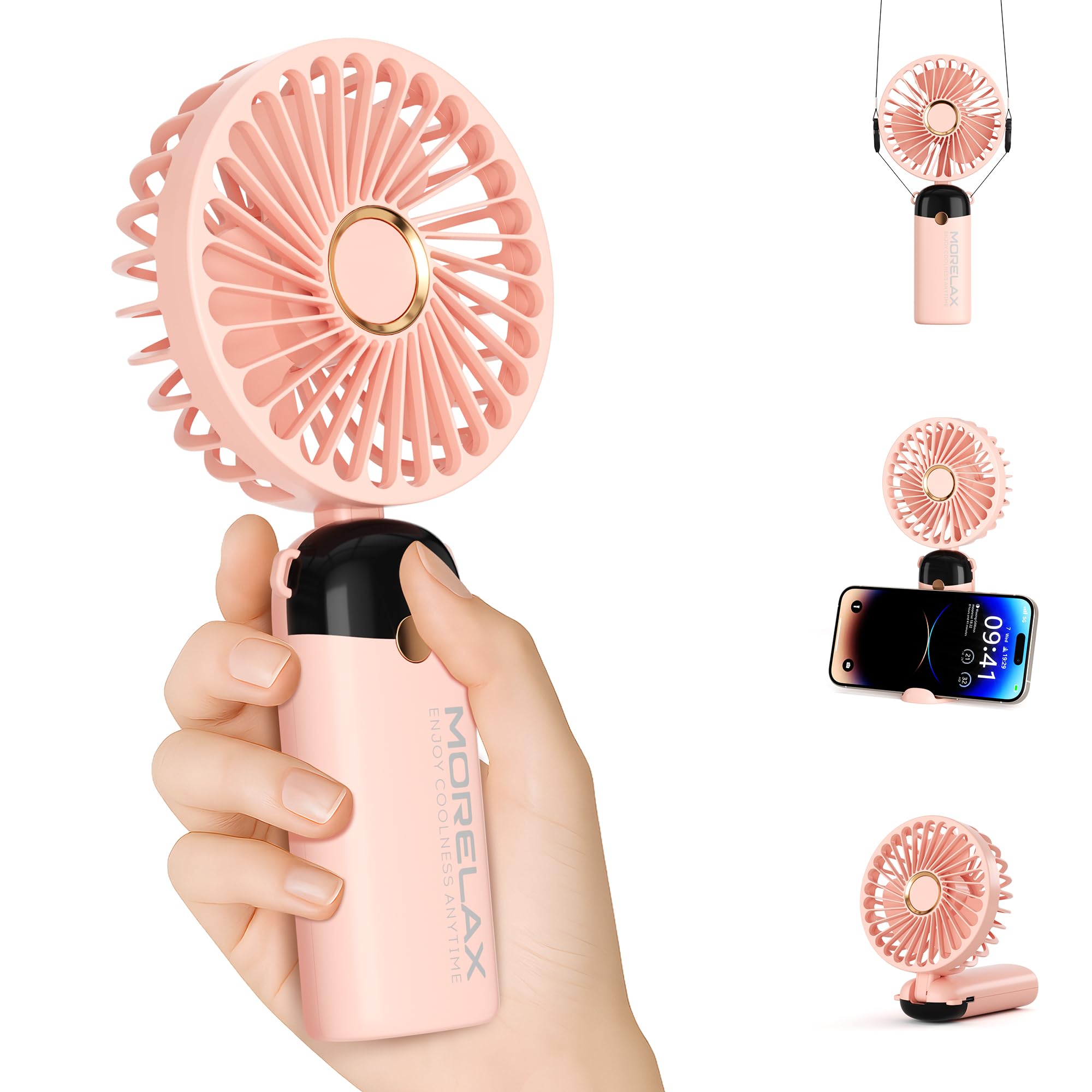 Morelax Handheld Mini Fan,USB Rechargeable Fodable Personal Fans 4000mAh,90 Adjustable, 6 Speed Strong Wind,Portable Fan Pocket Design 5 IN 1Cooling Table Fan for Office School Outdoor Travel,Pink