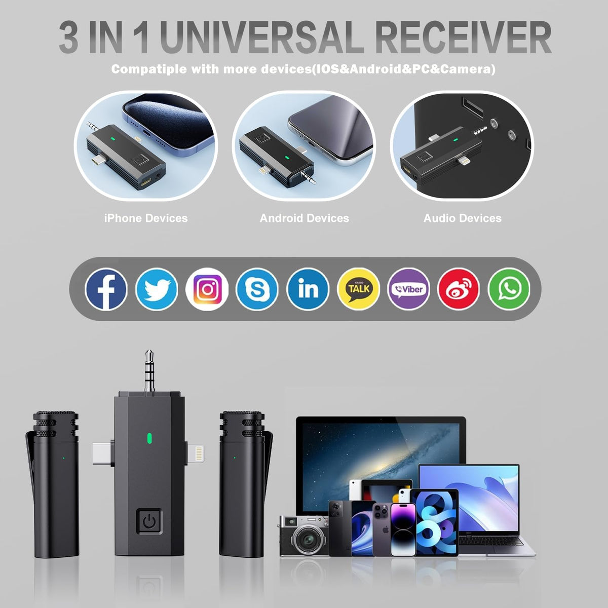 3 in 1 Wireless Microphone for iPhone, iPad, Android, Camera, Mini Lavalier Lapel Mic, USB-C Microphone, 2.4G Ultra-Low Delay, Microphone for Video Recording, Live Streaming, Vlog, TikTok, YouTube