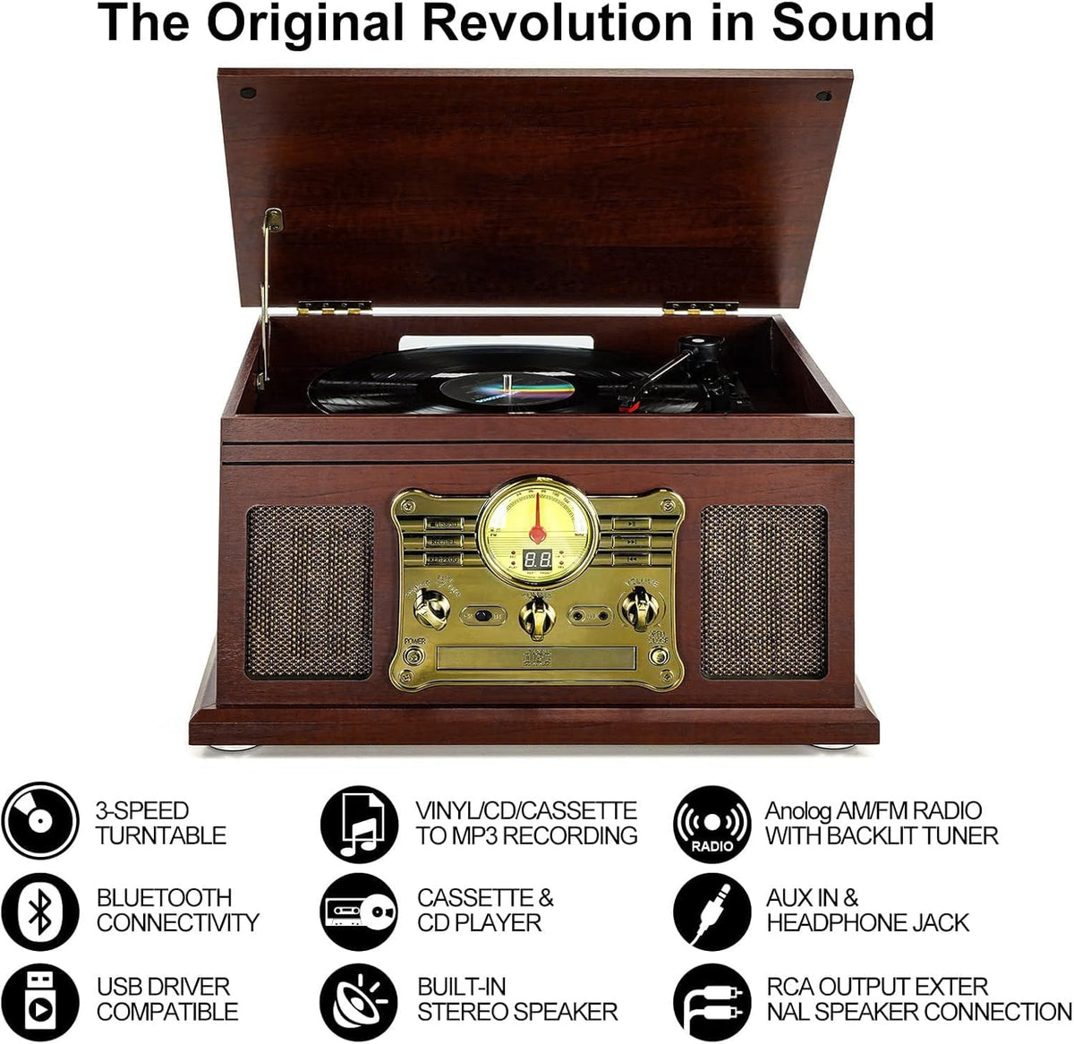 10 in 1 Bluetooth Record Player, 3-Speed Turntable for Vinyl with Speakers, LP to MP3 Converter, CD, Cassette Player, FM Radio, Wireless Streaming | Red Brown