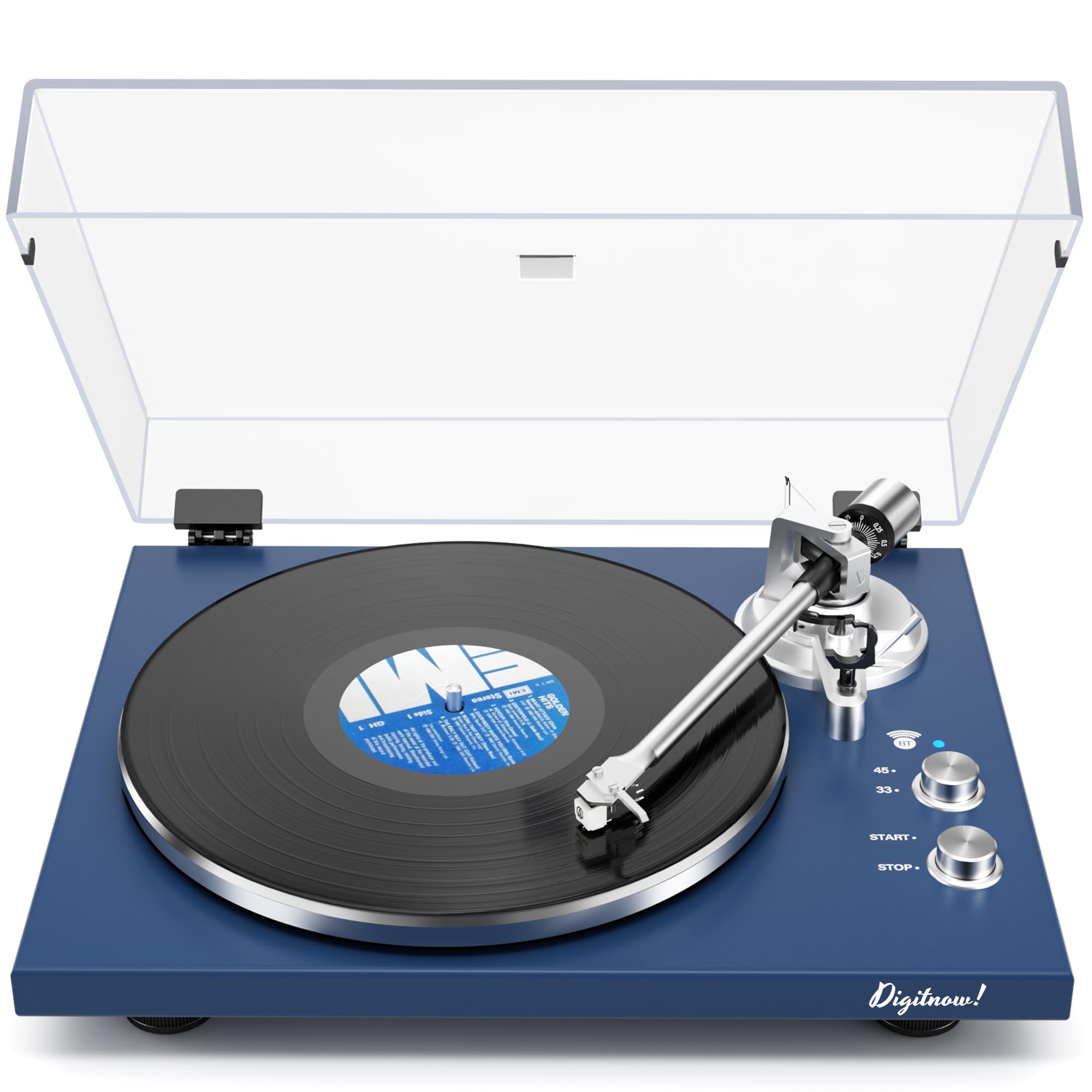 Belt Drive Turntable for Vinyl Record Player, Bluetooth Output, Built-in Phono Preamp, USB Digital Output, Magnetic Cartridge, 33/45 RPM, Wood Design, No Built-in Speakers(Blue)