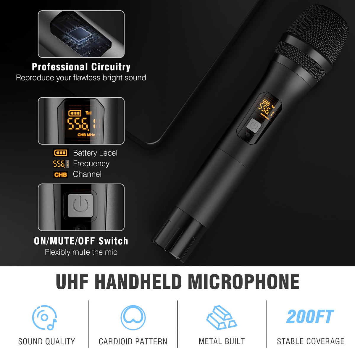 Professional Metal Dual UHF Cordless Dynamic Mic Handheld Microphone System (200ft)