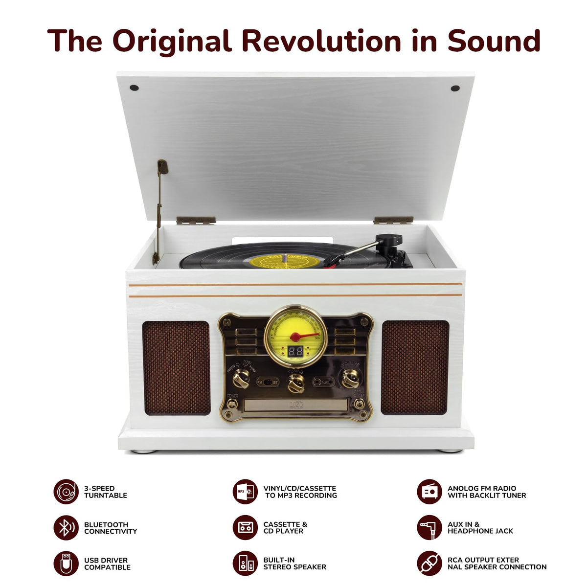 FEKTIK Bluetooth Record Player 10 in 1,FEKTIK 3-Speed Turntable for Vinyl with Speakers, LP to MP3 Converter, CD, Cassette Player, FM Radio, Wireless Streaming | White