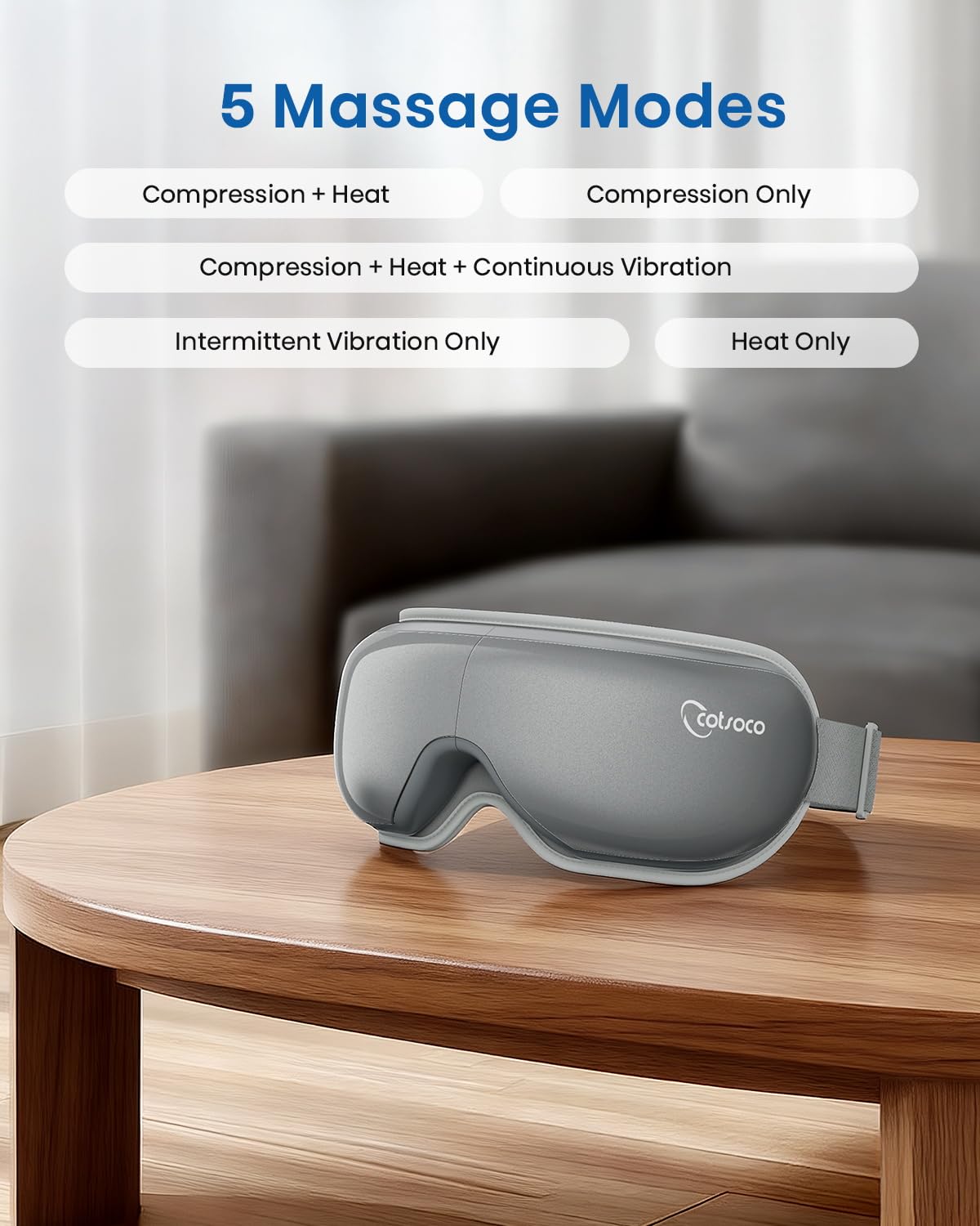 Cotsoco Eye Massager with Heat, Remote, and Compression, Adjustable Foldable Sleep Mask for Relaxing Eyes and Better Sleep, Migraine Relief Device, Birthday Gifts for Women Men Her Him-Gray