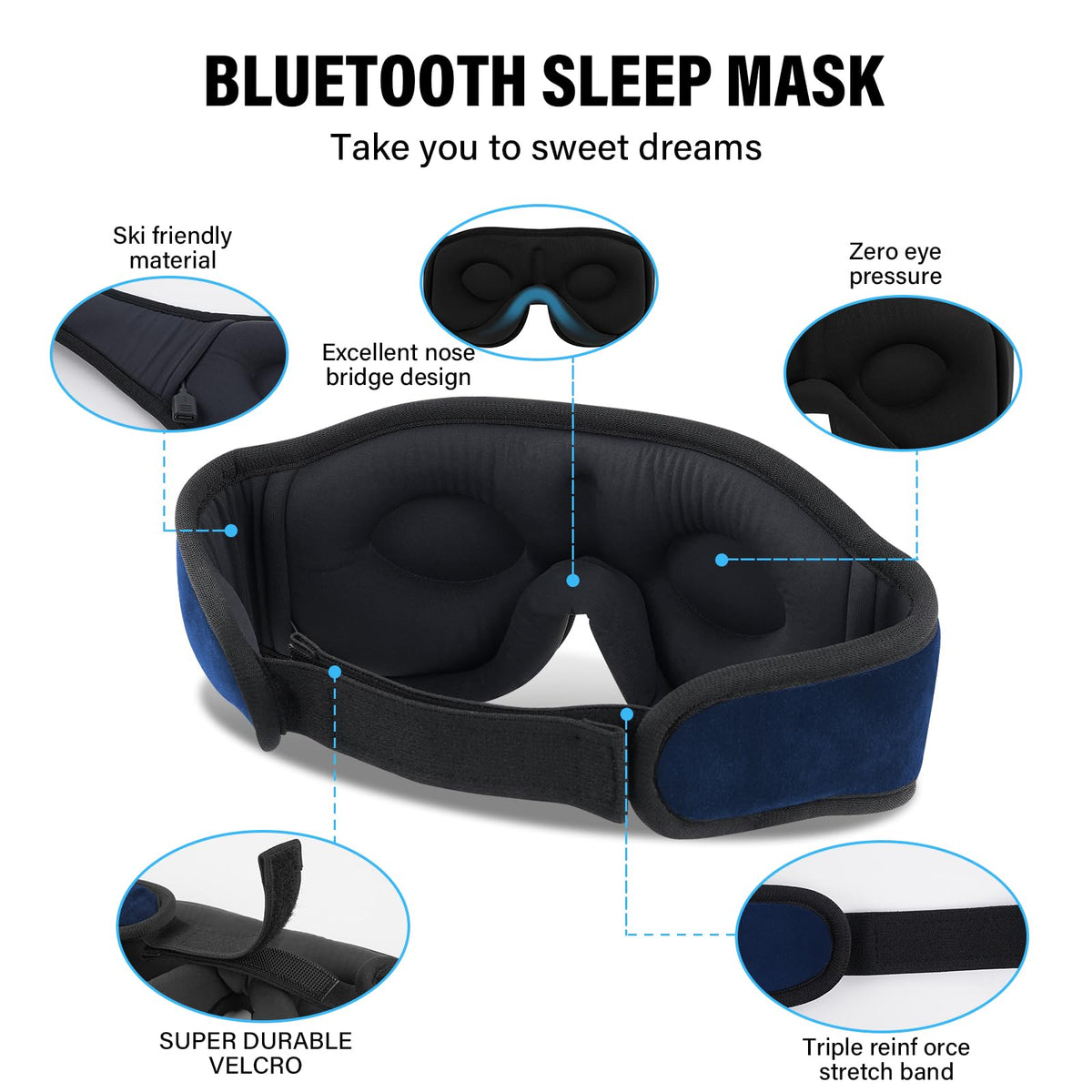 Sleep Mask with Bluetooth Headphones, 3D Sleep Mask Wireless Music Eye Mask for Sleeping Side/Back Sleepers Sleep Headphones Gift (Azure)