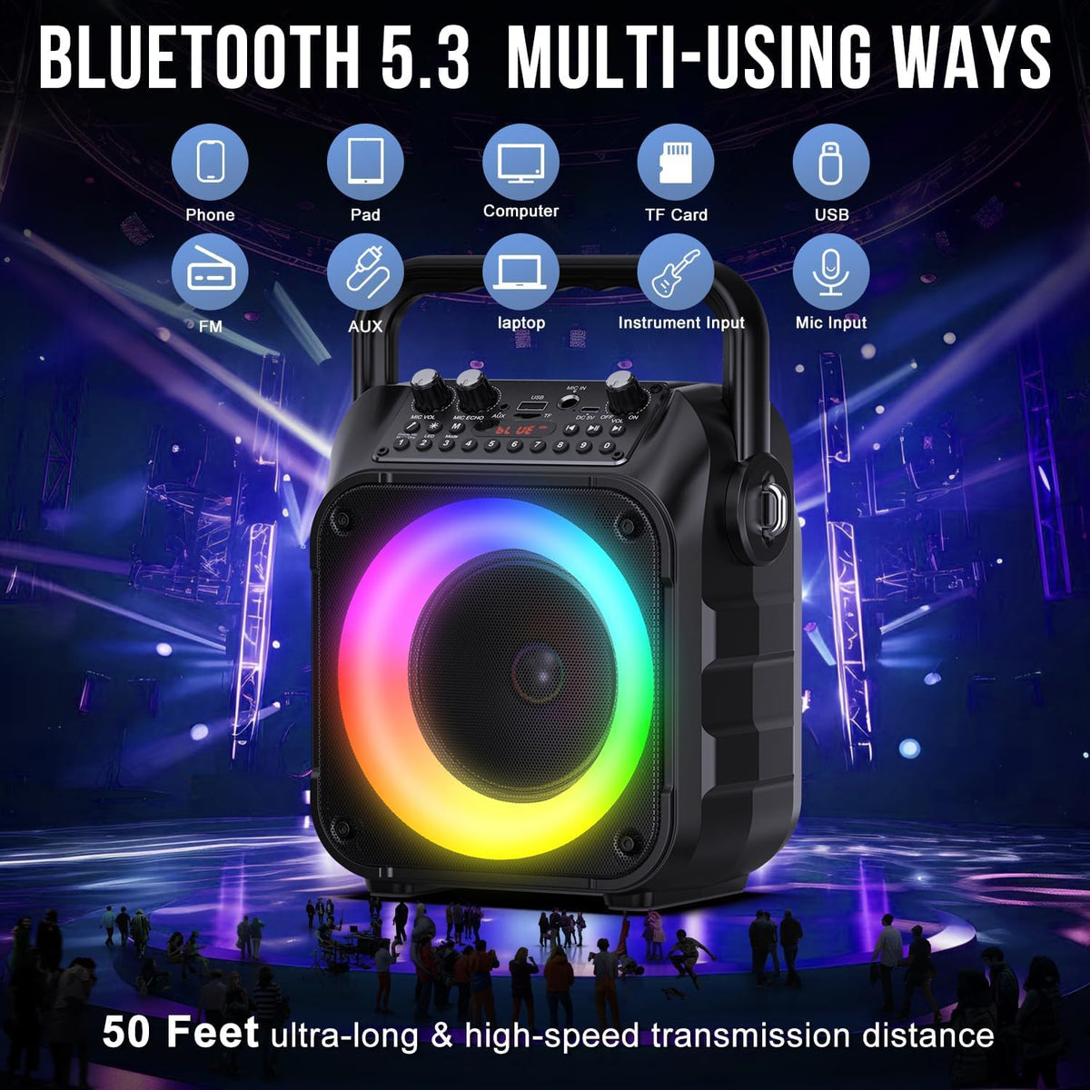Karaoke Machine, Portable Bluetooth Speaker with 2 Wireless Mics for Adults & Kids with LED Lights, Bass/Treble Adjustment, PA System Supports USB/TF/FM/AUX/TWS for Party Home System Packages