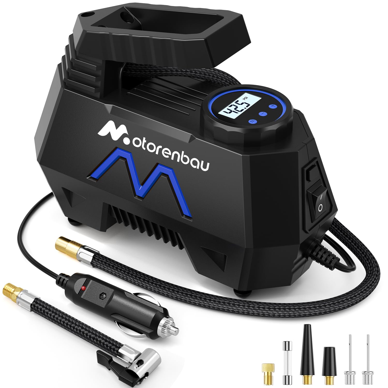 Tire Inflator Portable Air Compressor, Air Pump for Car Tires-9.84 Ft Cord,12V DC-Powered Auto Pump with Digital Pressure Gauge,Emergency LED Light, Car Accessories for Motorcycle Bicycle Ball Balloo-bluen