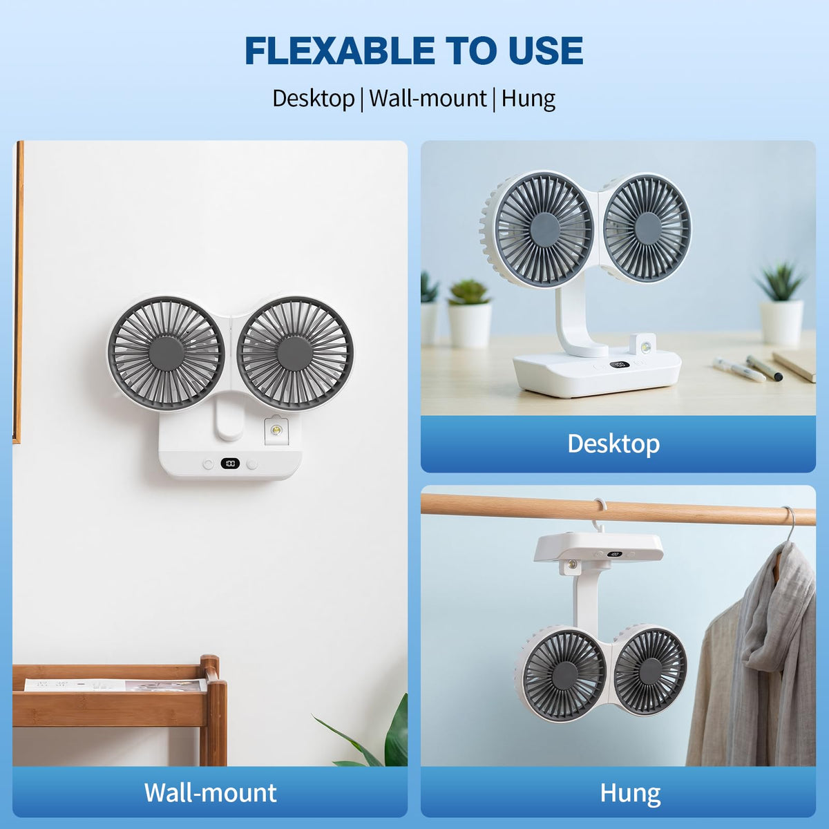 Morelax Dual Head Desk Fan with LED Light, USB Rechargeable Portable Mini Fan, Quiet Desktop & Wall-Mounted Fan, Multi-Angle Rotation, 4 Speeds, for Bedroom, Home, Office, Camping