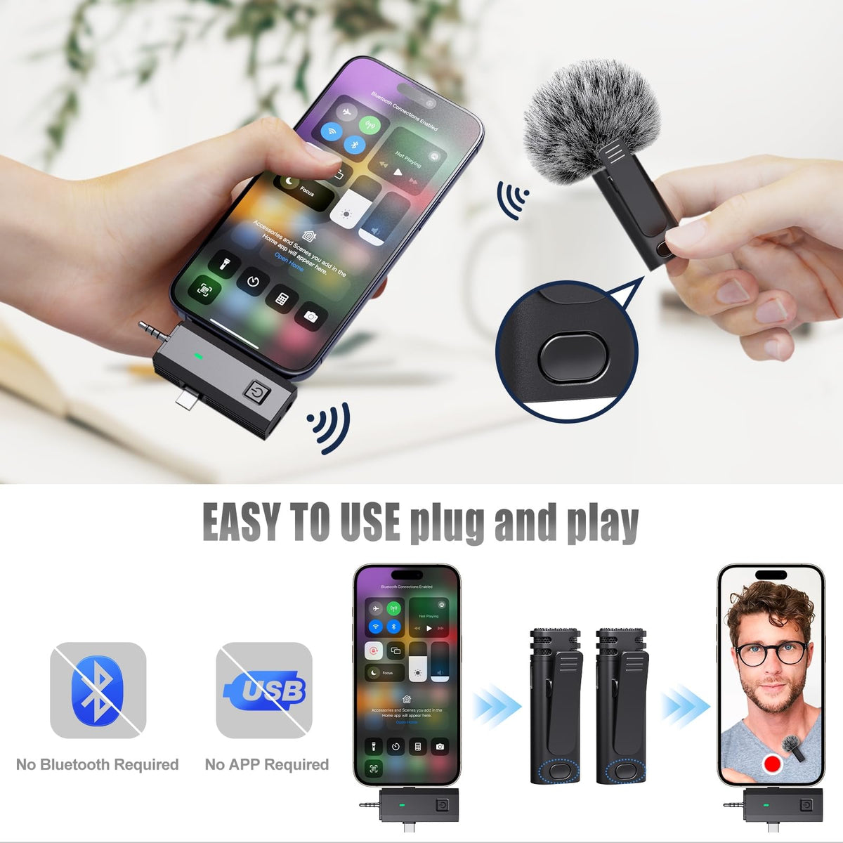 3 in 1 Wireless Microphone for iPhone, iPad, Android, Camera, Mini Lavalier Lapel Mic, USB-C Microphone, 2.4G Ultra-Low Delay, Microphone for Video Recording, Live Streaming, Vlog, TikTok, YouTube