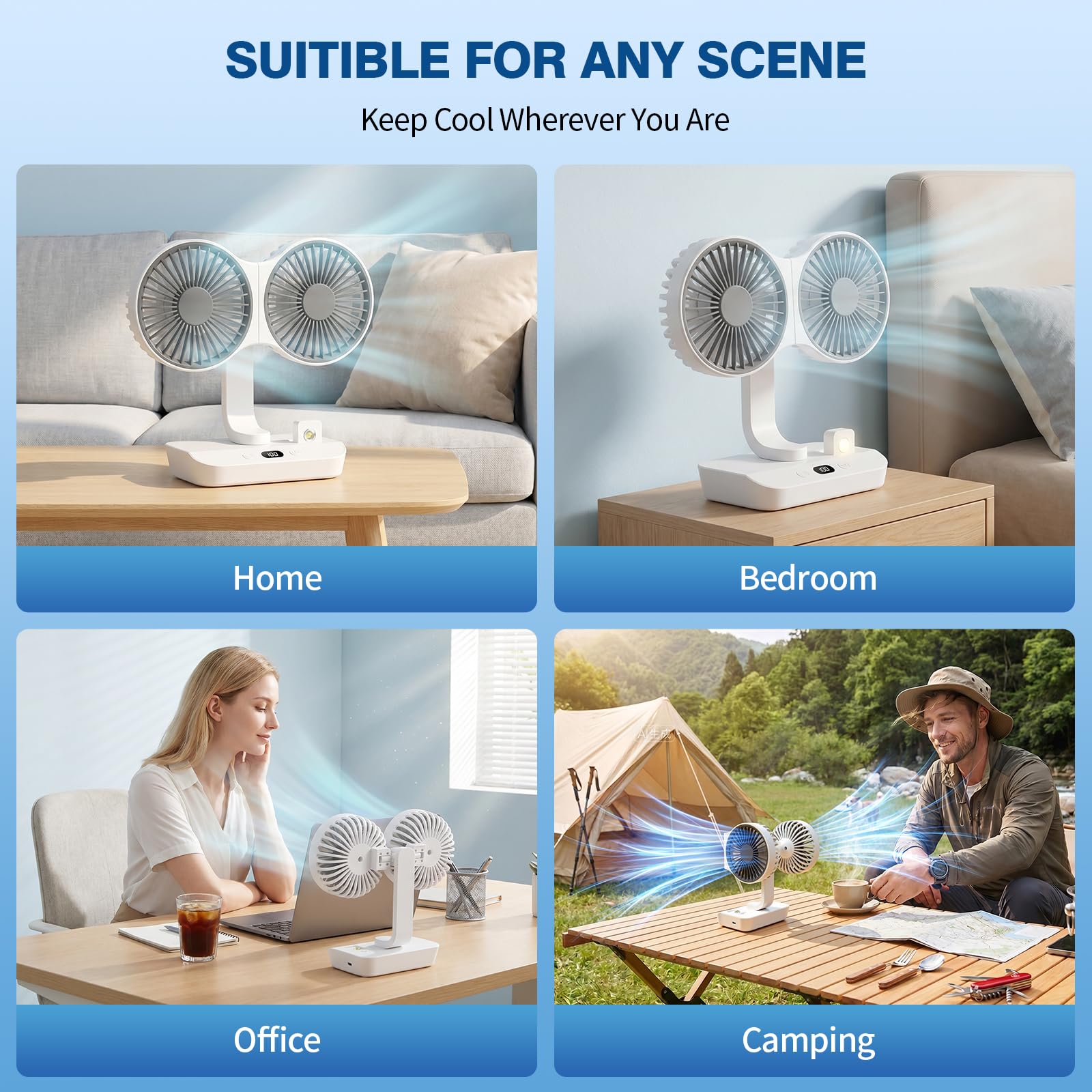 Morelax Dual Head Desk Fan with LED Light, USB Rechargeable Portable Mini Fan, Quiet Desktop & Wall-Mounted Fan, Multi-Angle Rotation, 4 Speeds, for Bedroom, Home, Office, Camping