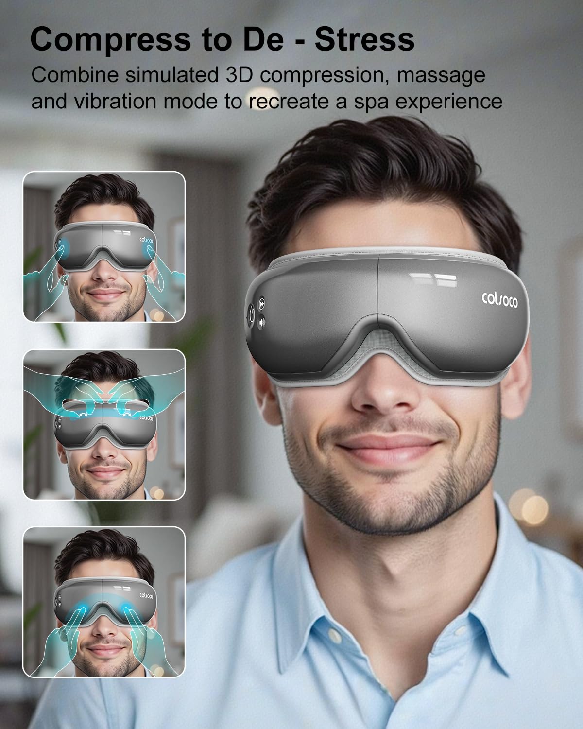 cotsoco Eye Massager with Heat & Bluetooth Music, Mothers Day Birthday Gifts for Women, Reduce Eye Strain, Headache Relief and Improve Sleep, Eye Care Device for Migraine-Grey