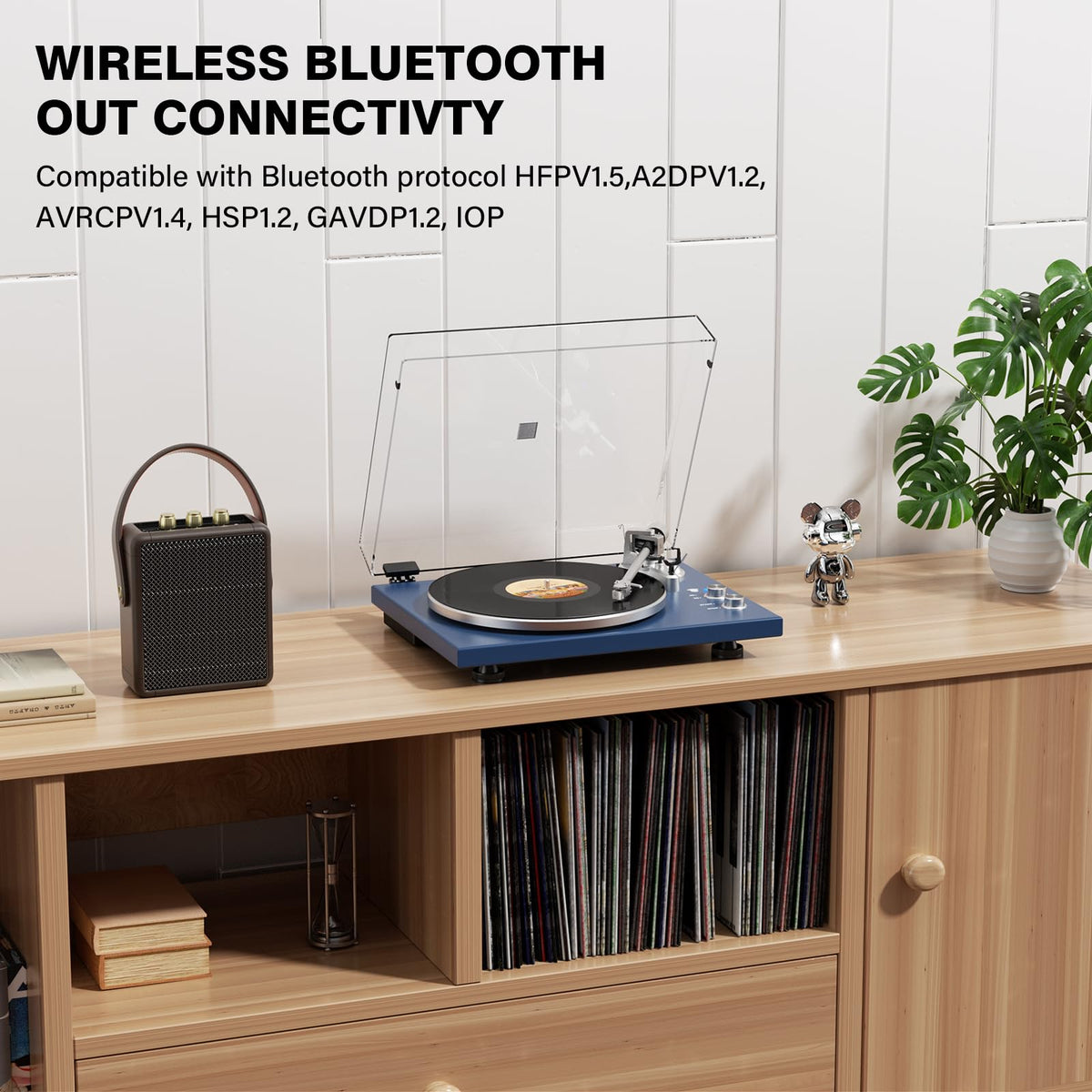 Belt Drive Turntable for Vinyl Record Player, Bluetooth Output, Built-in Phono Preamp, USB Digital Output, Magnetic Cartridge, 33/45 RPM, Wood Design, No Built-in Speakers(Blue)