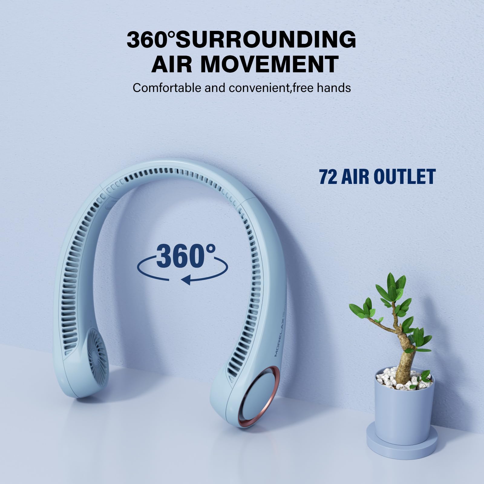 Morelax Neck Fan, USB Rechargeable Personal Fan,Hand Free Bladeless Portable Fans,4000 mAh, 3 Speeds,72 Air Faster softer 360° Cooling, Gift Suitable for Home, Office, Travel, Sports Light Blue