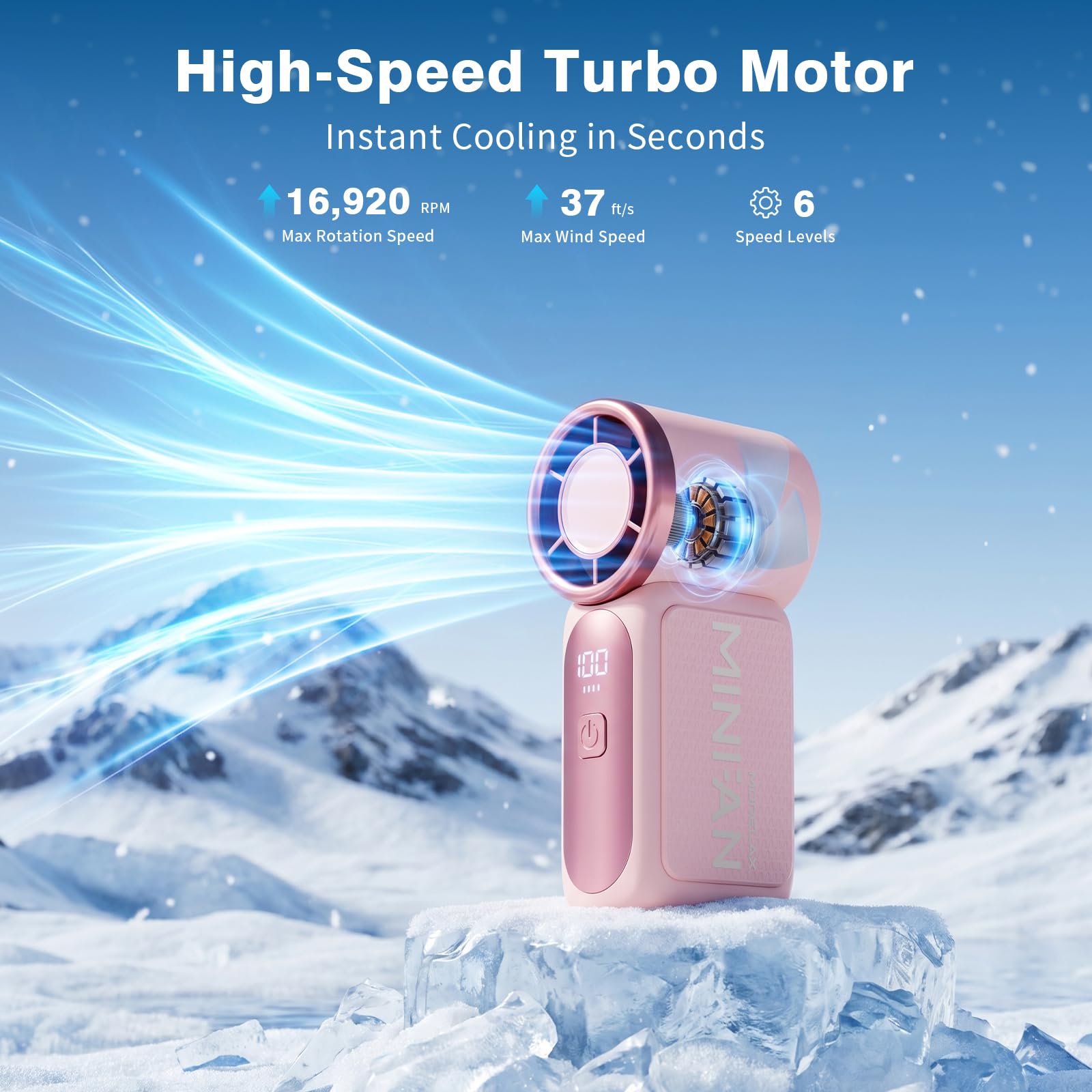 Portable Handheld Mini Fan, Mini Portable Fan with 6 Speeds, 16920 RPM Turbo High Speed Airflow, USB Rechargeable Small Personal Fan with LED Display, Pocket Hand Fan for Travel Makeup Outdoor Office