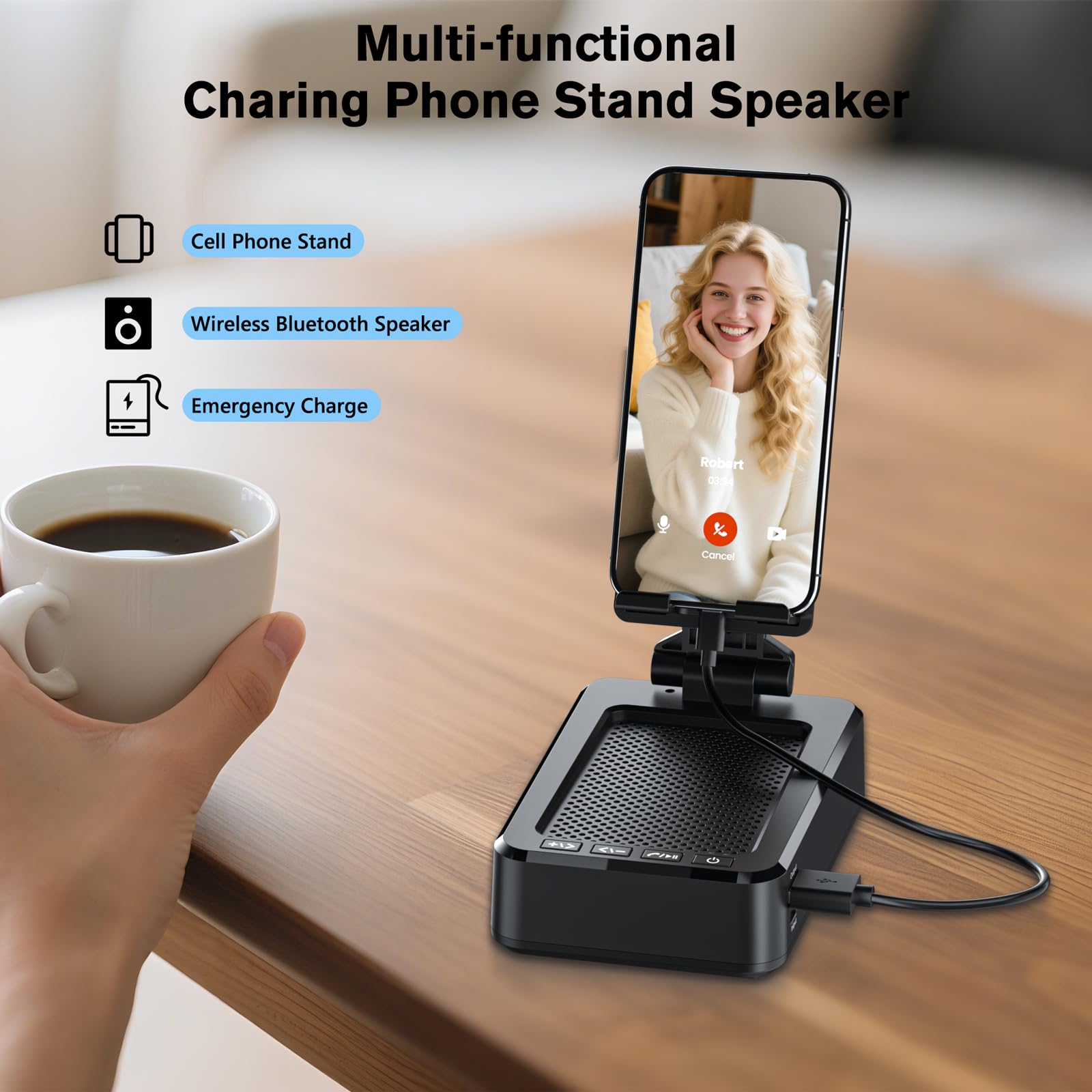Cell Phone Stand with Wireless Bluetooth Speaker and Charging, Anti-Slip Base HD Surround Sound, Perfect for Home/Outdoor, Phone Holder Compatible with iPhone/ipad/Samsung Galaxy, Gifts for Men Women